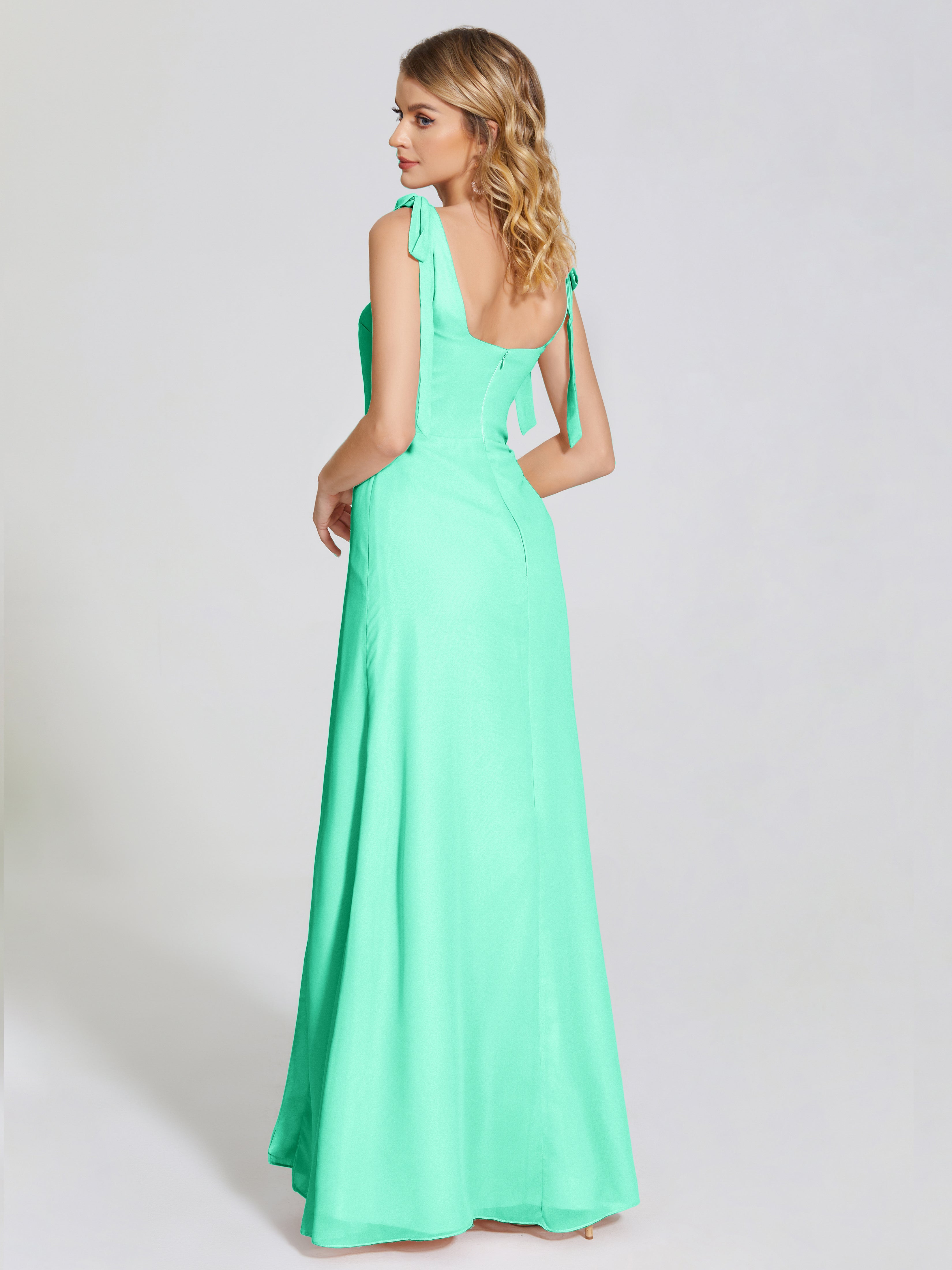 Demoiselle Dhonneur Robe Turquoise Fendue Devant Encolure Carrée Mousseline Robe De Demoiselle D'Honneur