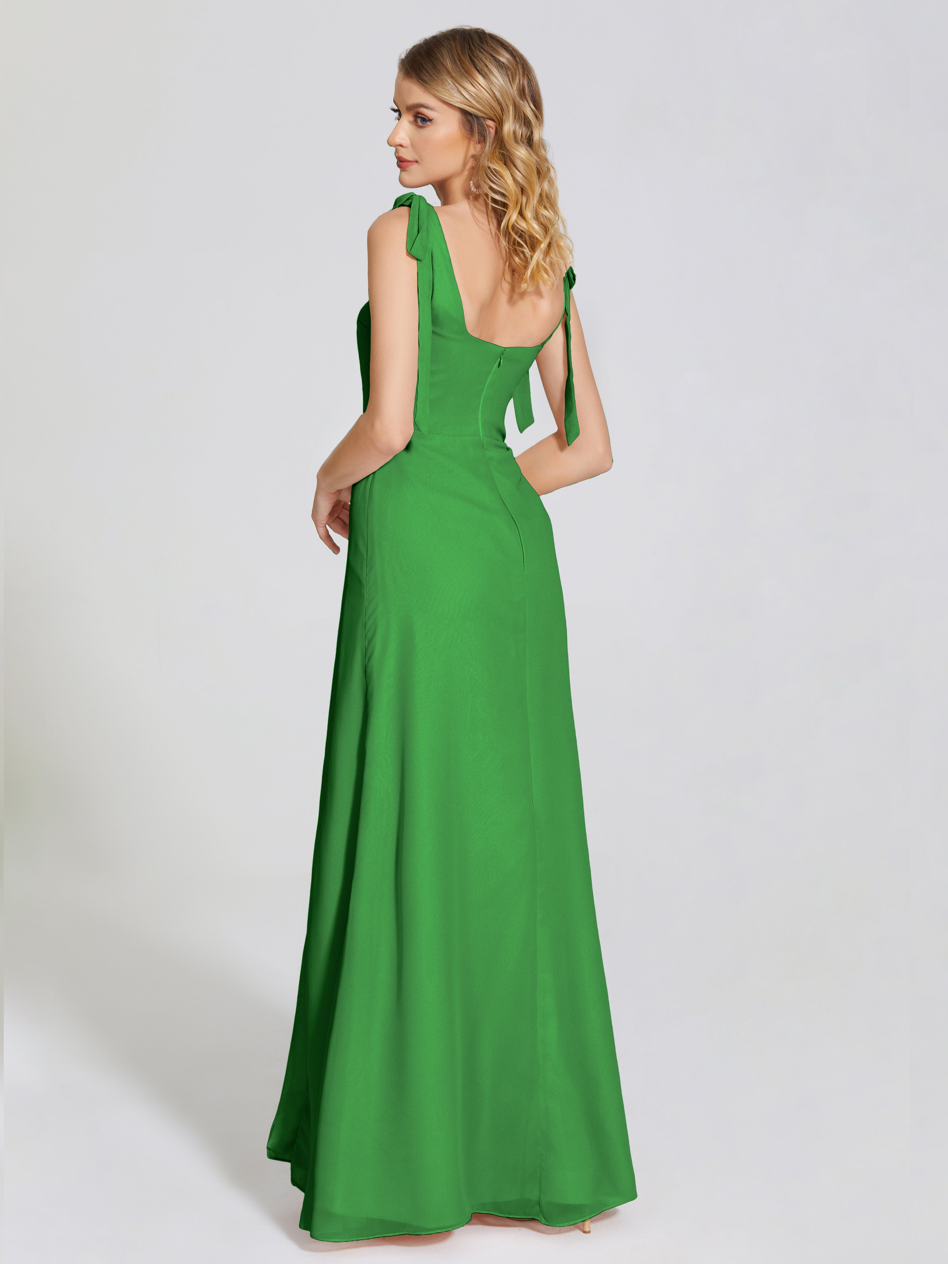Robes De Demoiselle D'Honneur Vertes Fendue Devant Encolure Carrée Mousseline Robe De Demoiselle D'Honneur