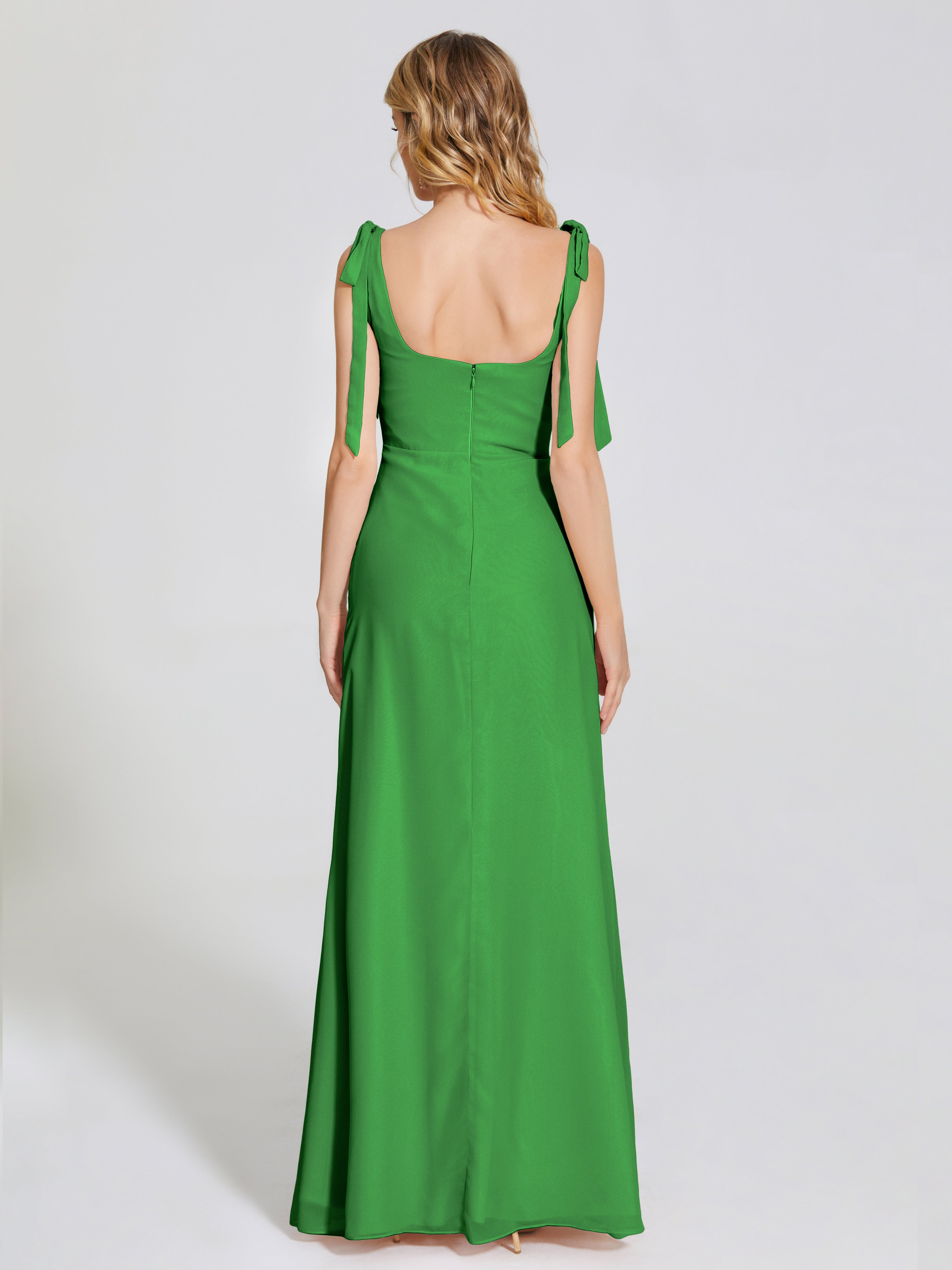 Robes De Demoiselle D'Honneur Vertes Fendue Devant Encolure Carrée Mousseline Robe De Demoiselle D'Honneur