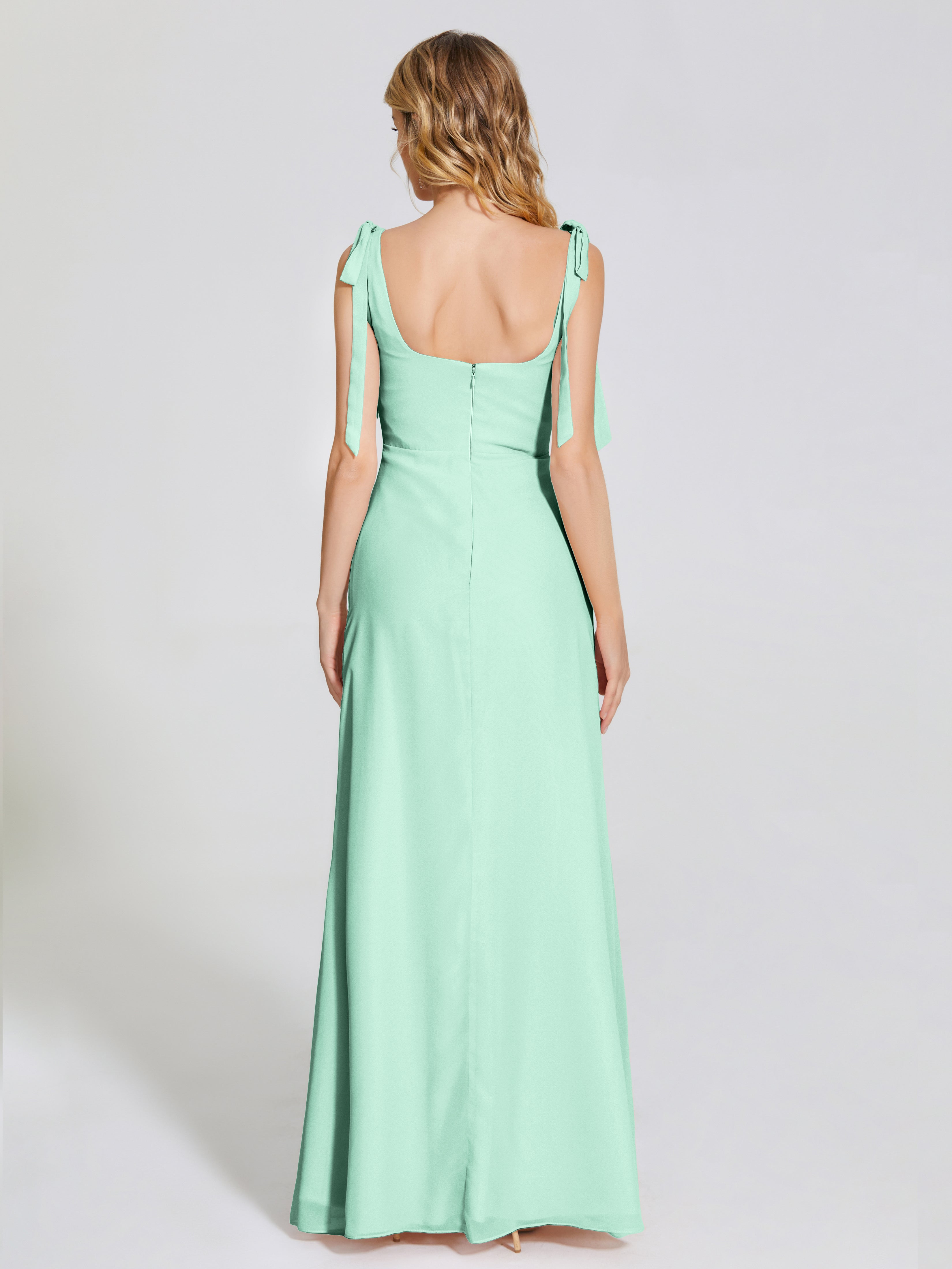 Robe Demoiselle D Honneur Vert Menthe Fendue Devant Encolure Carrée Mousseline Robe De Demoiselle D'Honneur