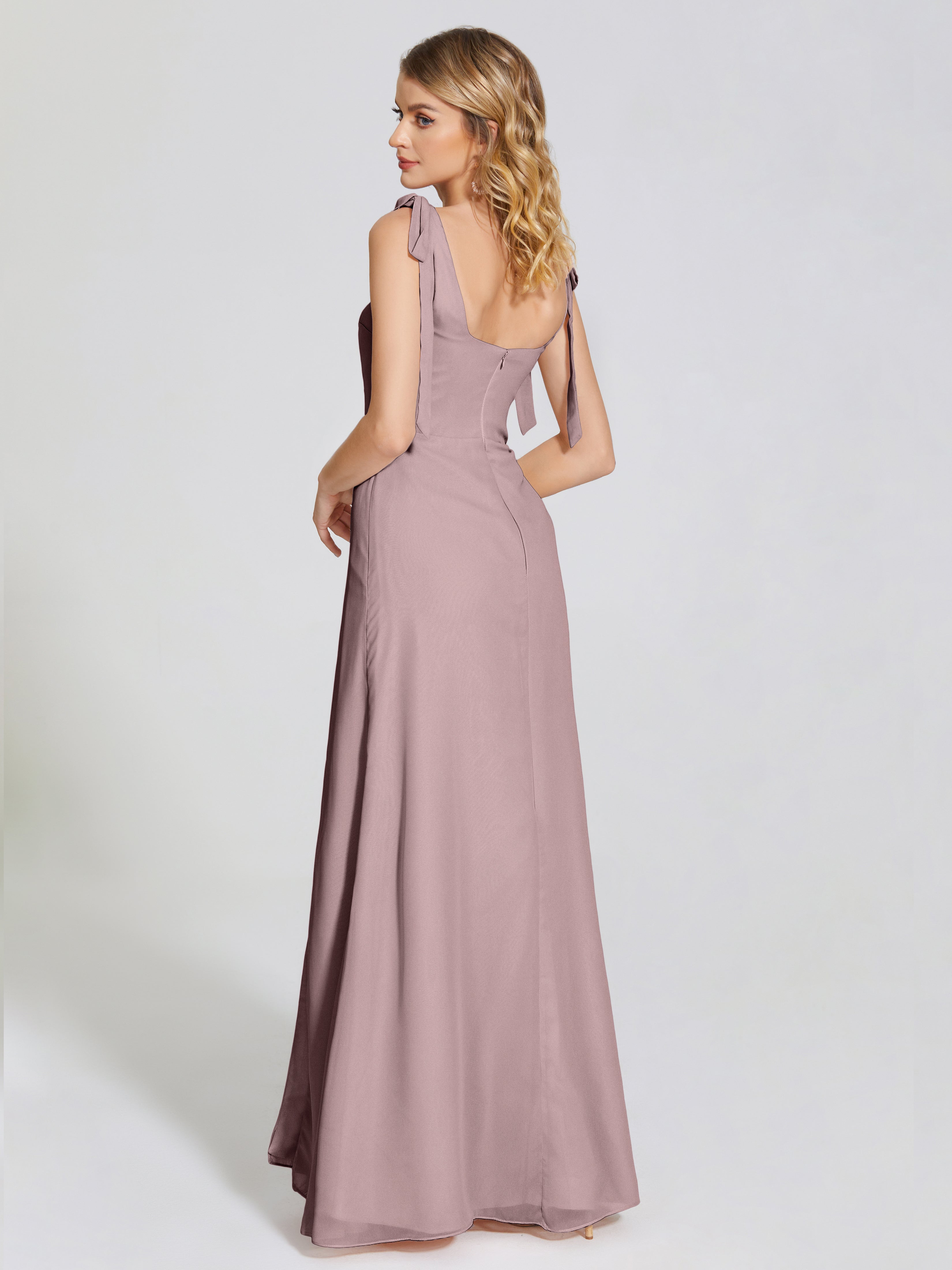 Robes De Demoiselle D'Honneur Mauve Foncé Fendue Devant Encolure Carrée Mousseline Robe De Demoiselle D'Honneur