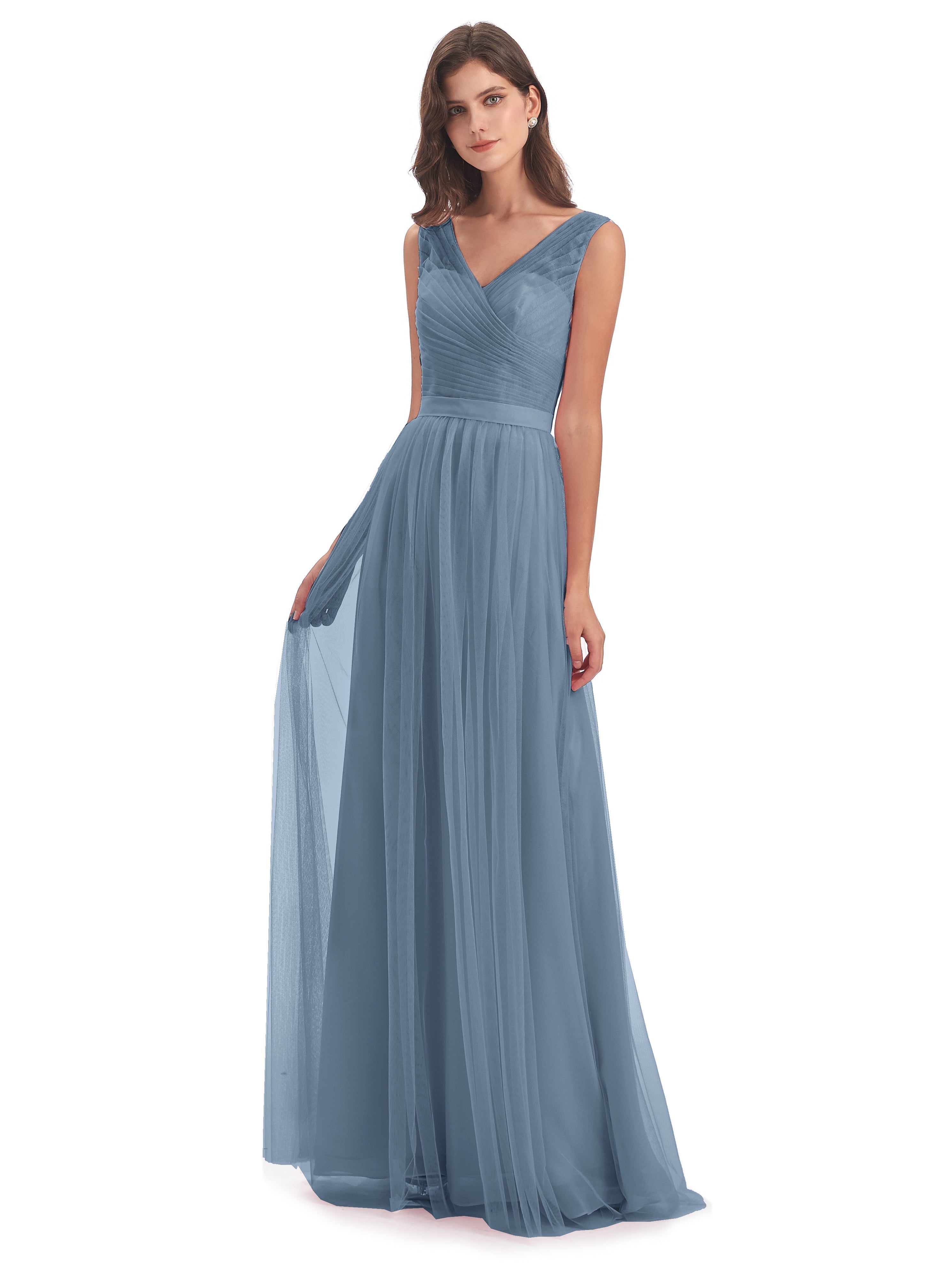 Robes De Demoiselle D'Honneur Bleu De Schiste Mila Dos En V Tulle Robes Demoiselle D'Honneur