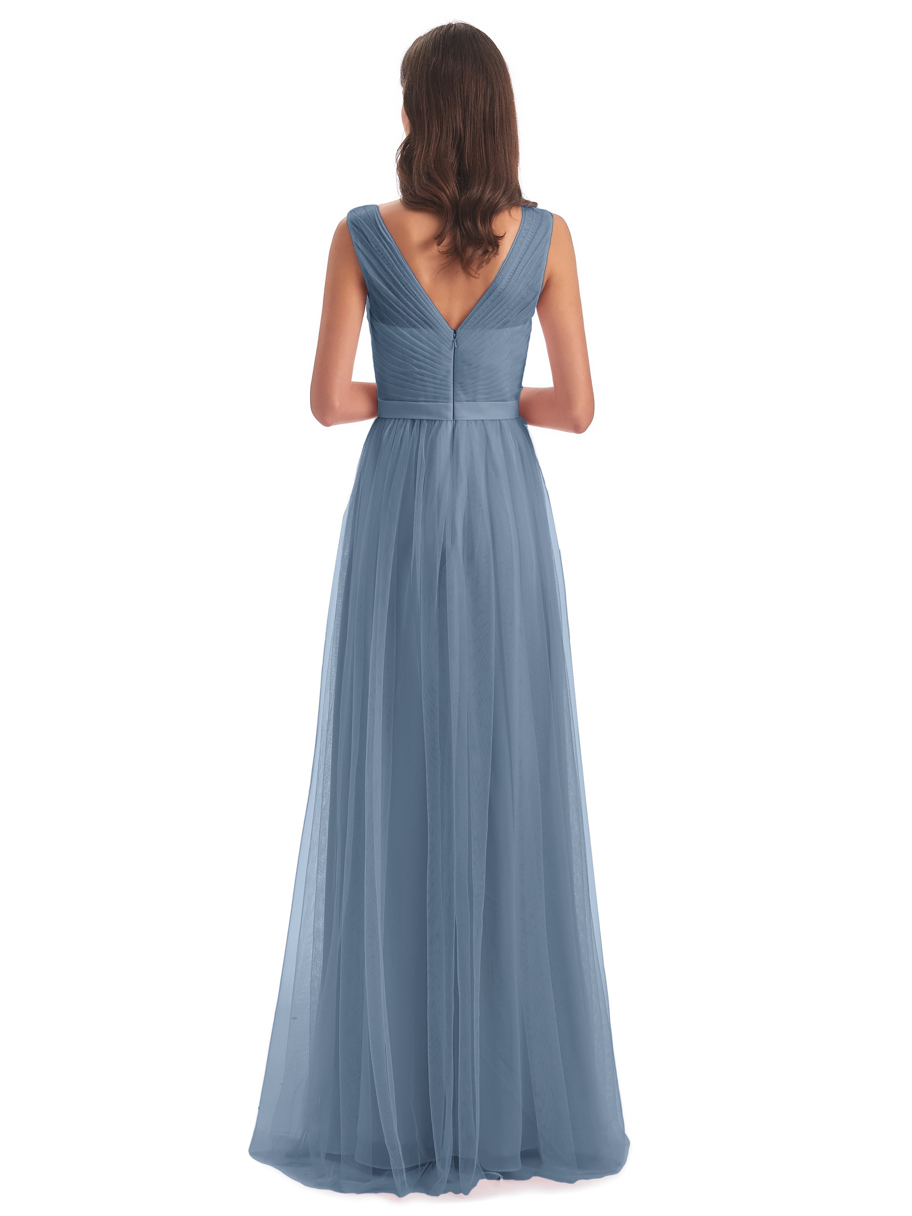 Robes De Demoiselle D'Honneur Bleu De Schiste Mila Dos En V Tulle Robes Demoiselle D'Honneur