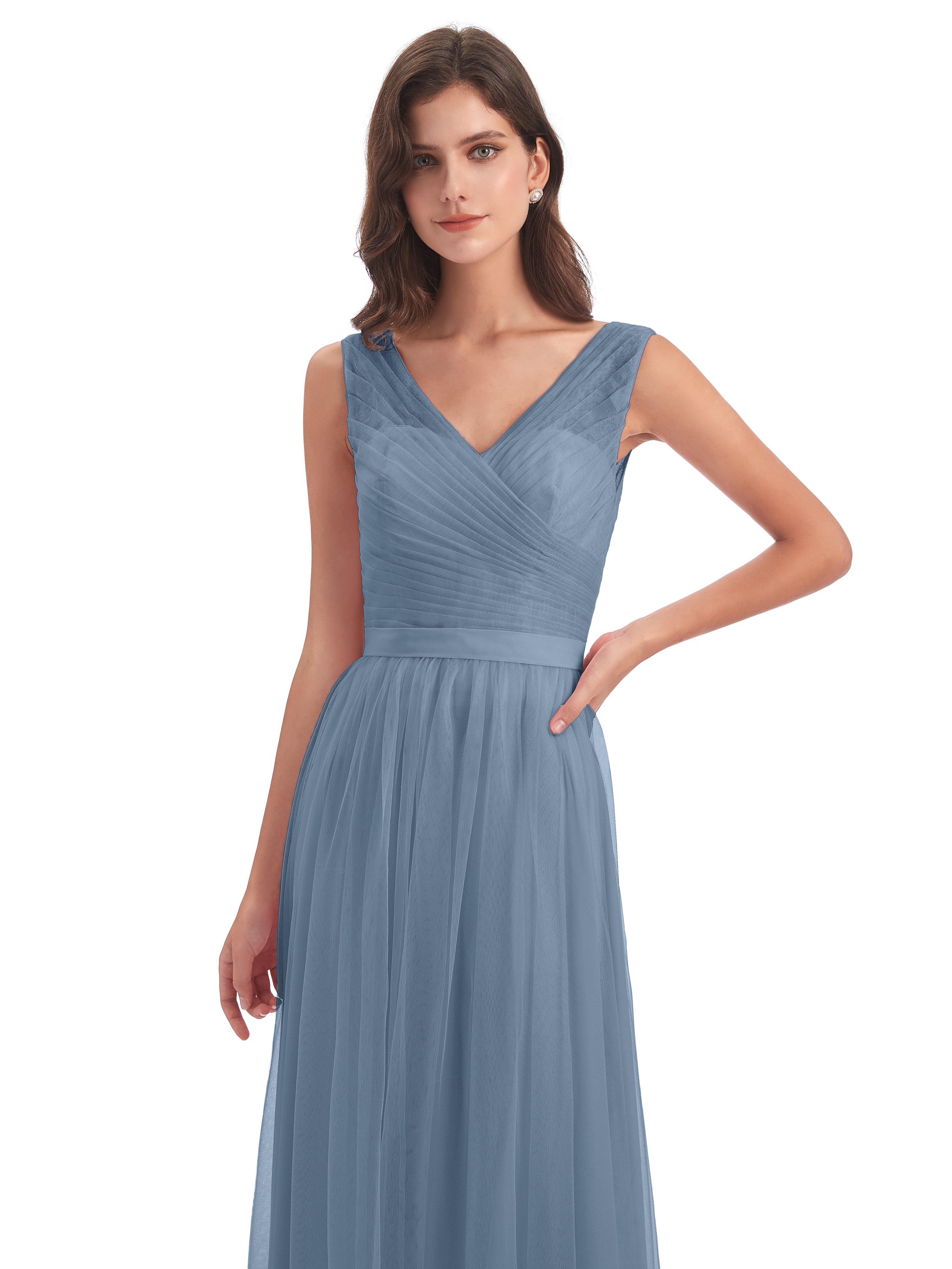Robes De Demoiselle D'Honneur Bleu De Schiste Mila Dos En V Tulle Robes Demoiselle D'Honneur