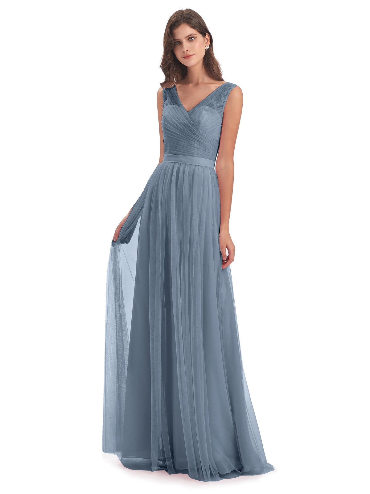 Robe Demoiselle D Honneur Bleu Poussiereux Mila Dos En V Tulle Robes Demoiselle D'Honneur
