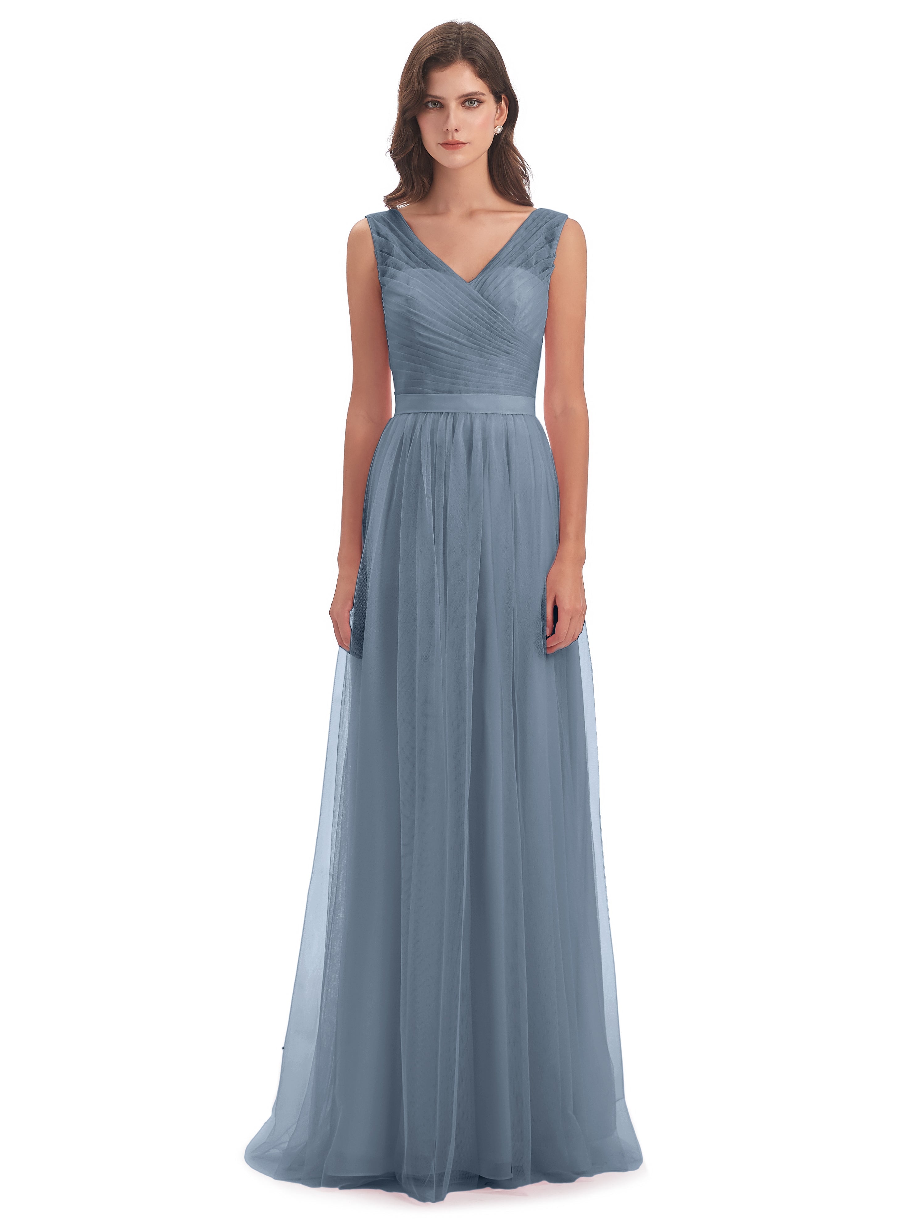 Robe Demoiselle D Honneur Bleu Poussiereux Mila Dos En V Tulle Robes Demoiselle D'Honneur