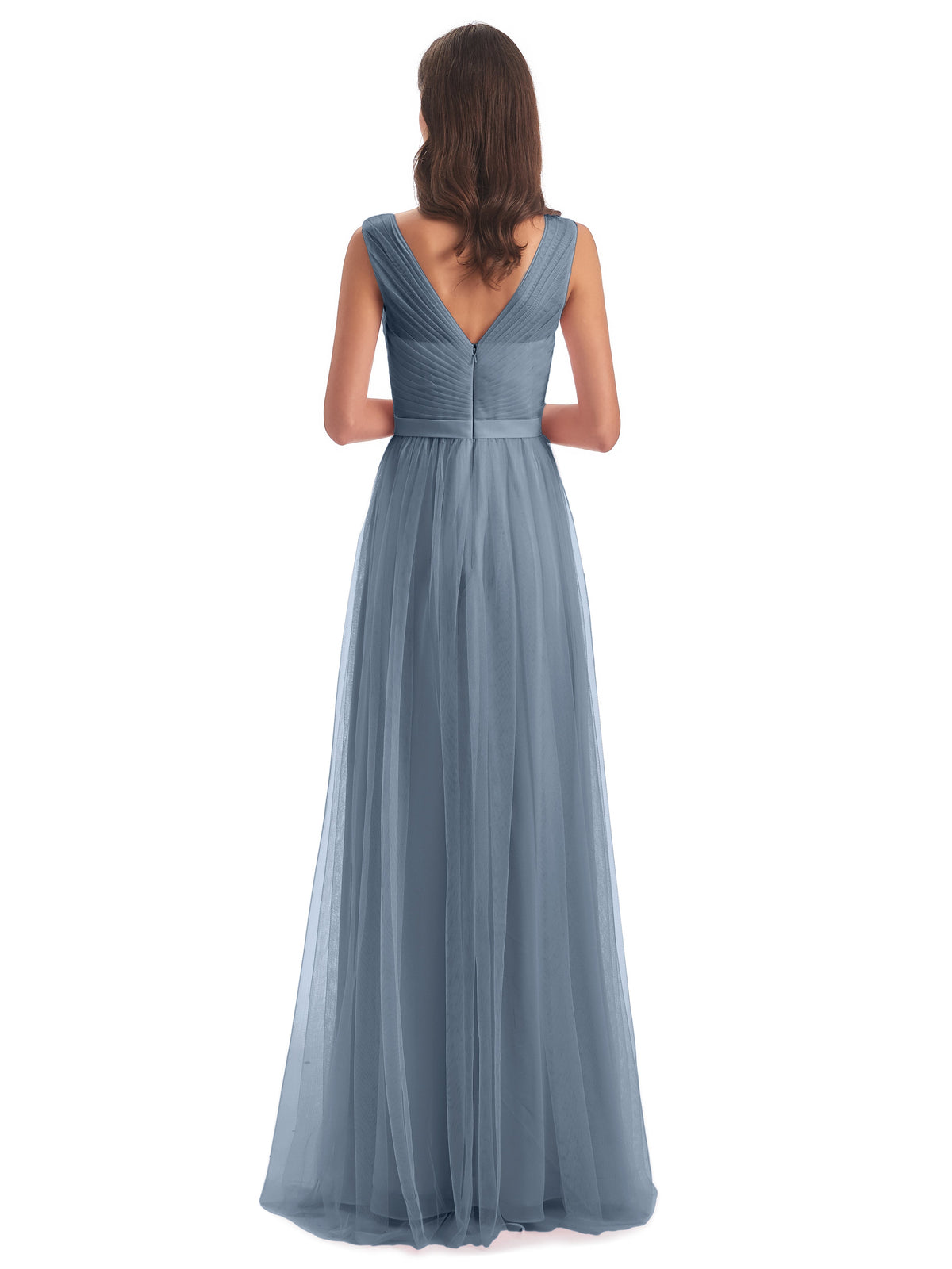 Robe Demoiselle D Honneur Bleu Poussiereux Mila Dos En V Tulle Robes Demoiselle D'Honneur