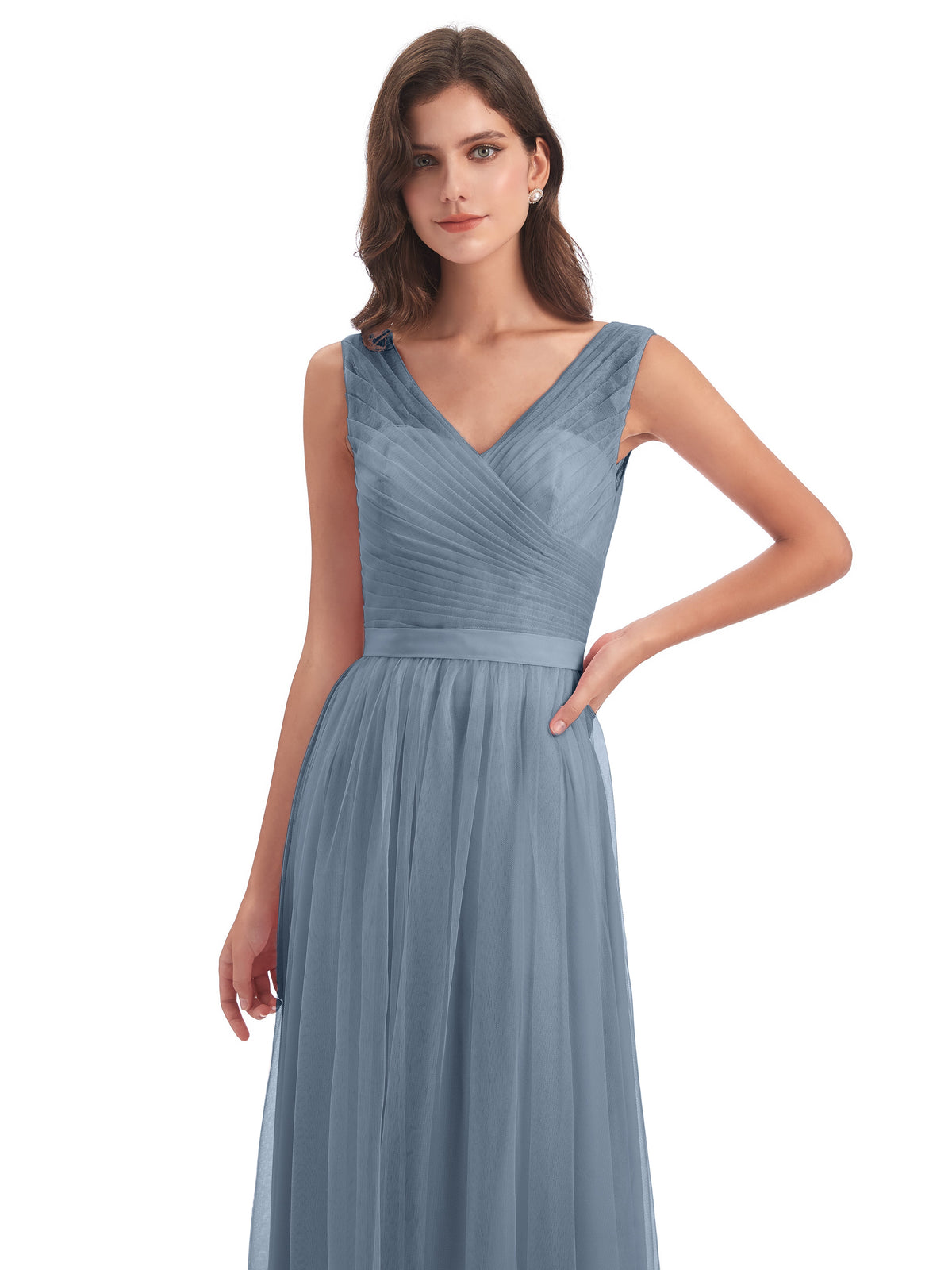 Robe Demoiselle D Honneur Bleu Poussiereux Mila Dos En V Tulle Robes Demoiselle D'Honneur
