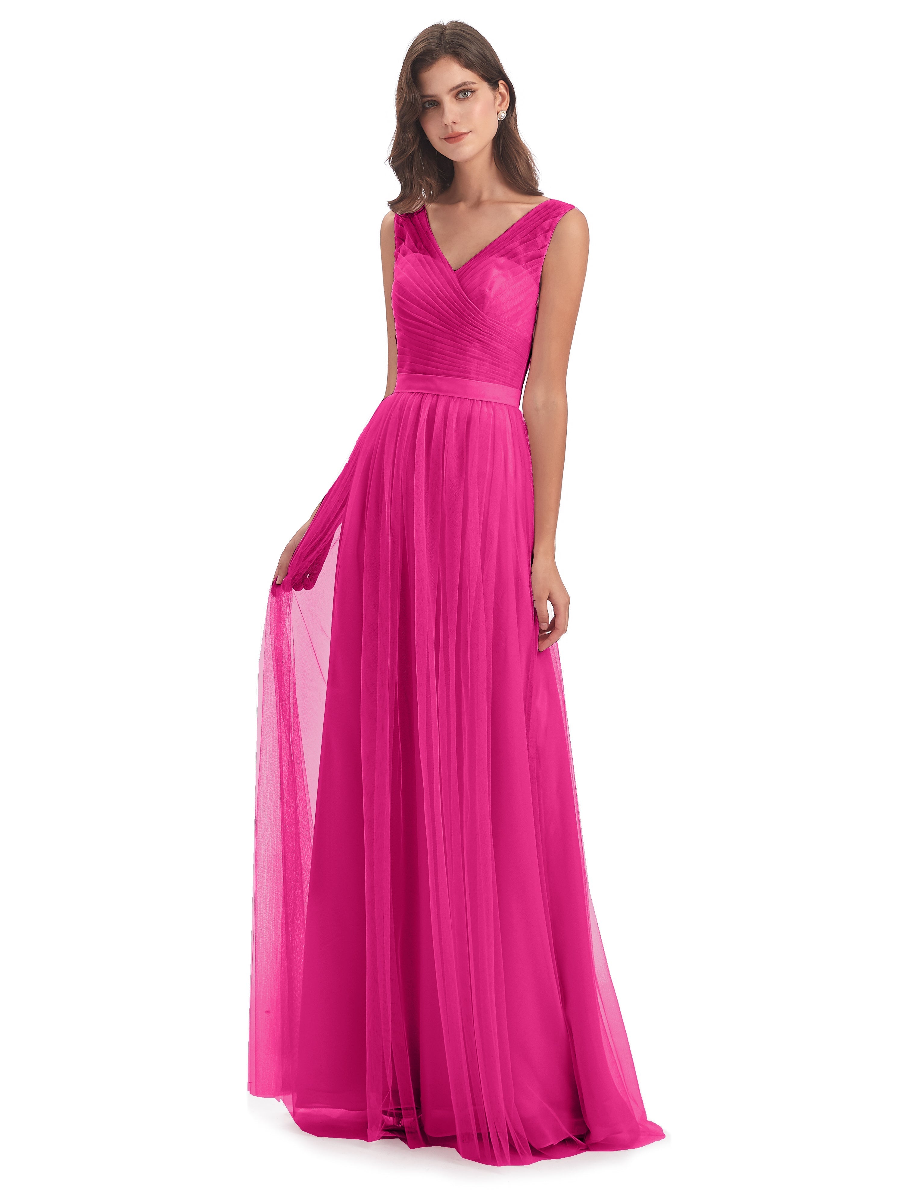 Robes De Demoiselle D'Honneur Couleur Rose Fuchsia Mila Dos En V Tulle Robes Demoiselle D'Honneur