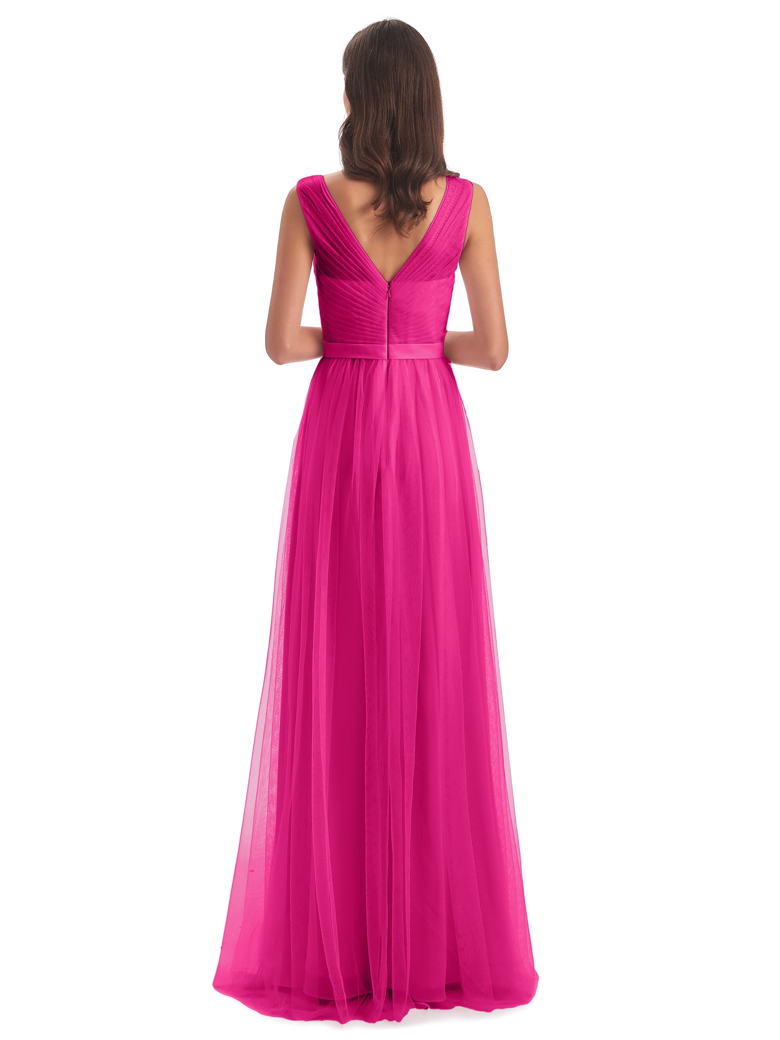 Robes De Demoiselle D'Honneur Couleur Rose Fuchsia Mila Dos En V Tulle Robes Demoiselle D'Honneur