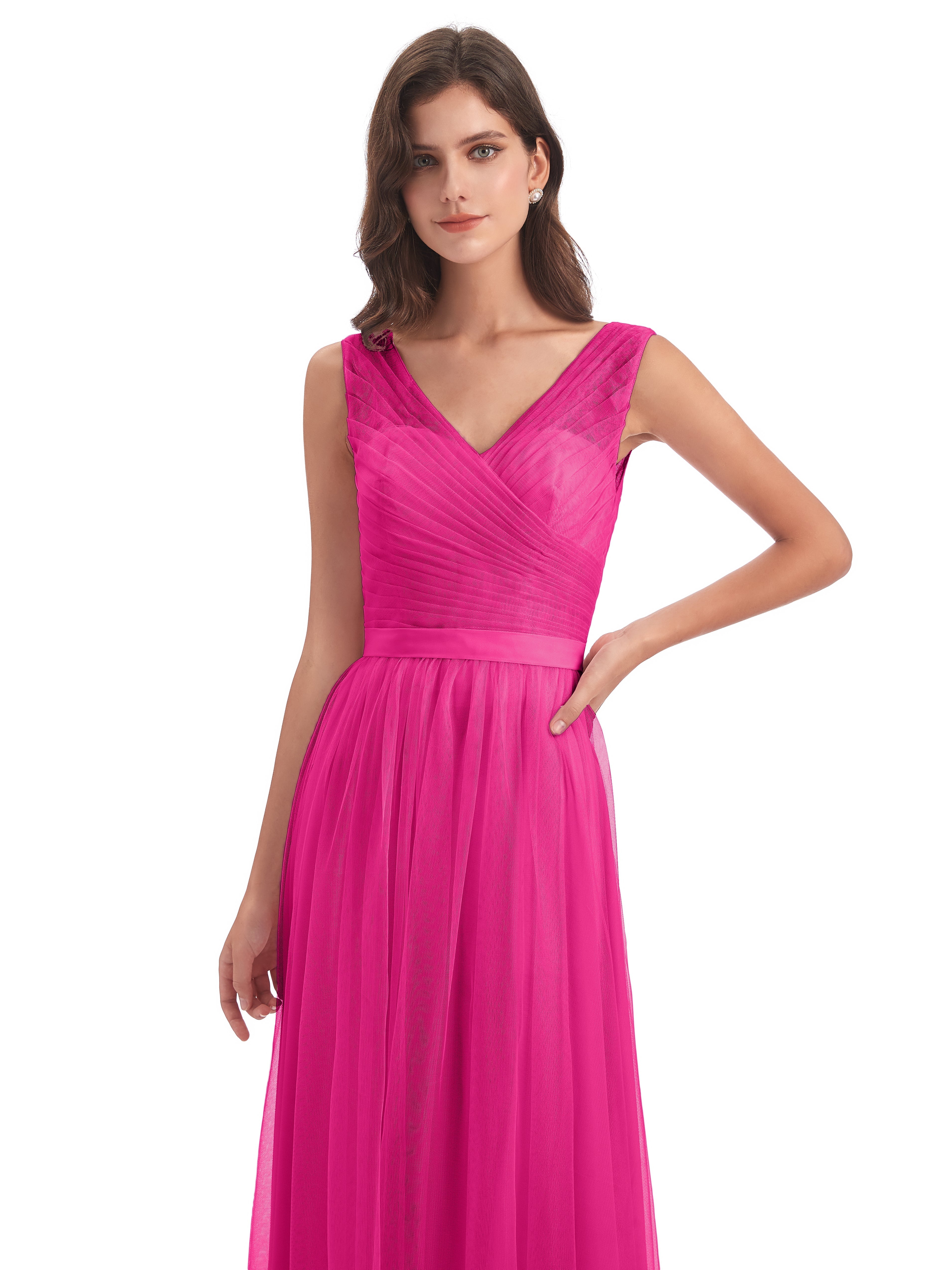 Robes De Demoiselle D'Honneur Couleur Rose Fuchsia Mila Dos En V Tulle Robes Demoiselle D'Honneur