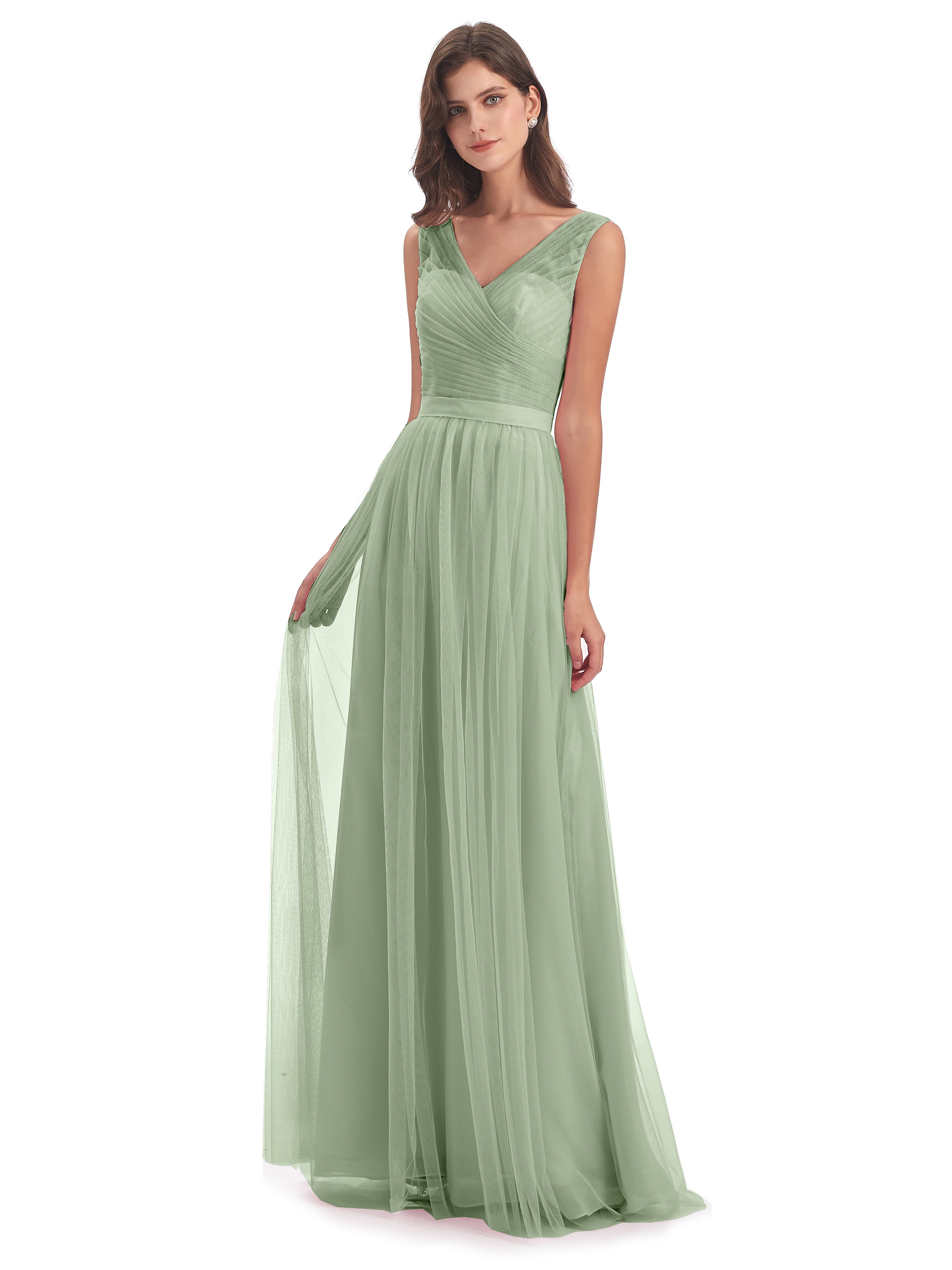 Robe Demoiselle D Honneur Sauge Poudré Mila Dos En V Tulle Robes Demoiselle D'Honneur