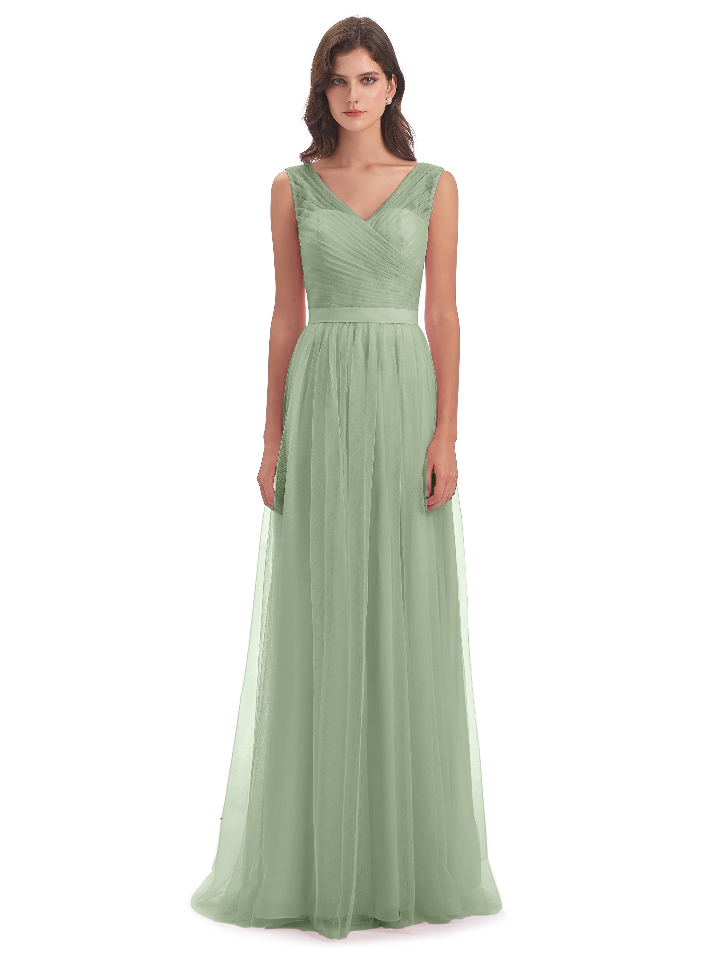 Robe Demoiselle D Honneur Sauge Poudré Mila Dos En V Tulle Robes Demoiselle D'Honneur