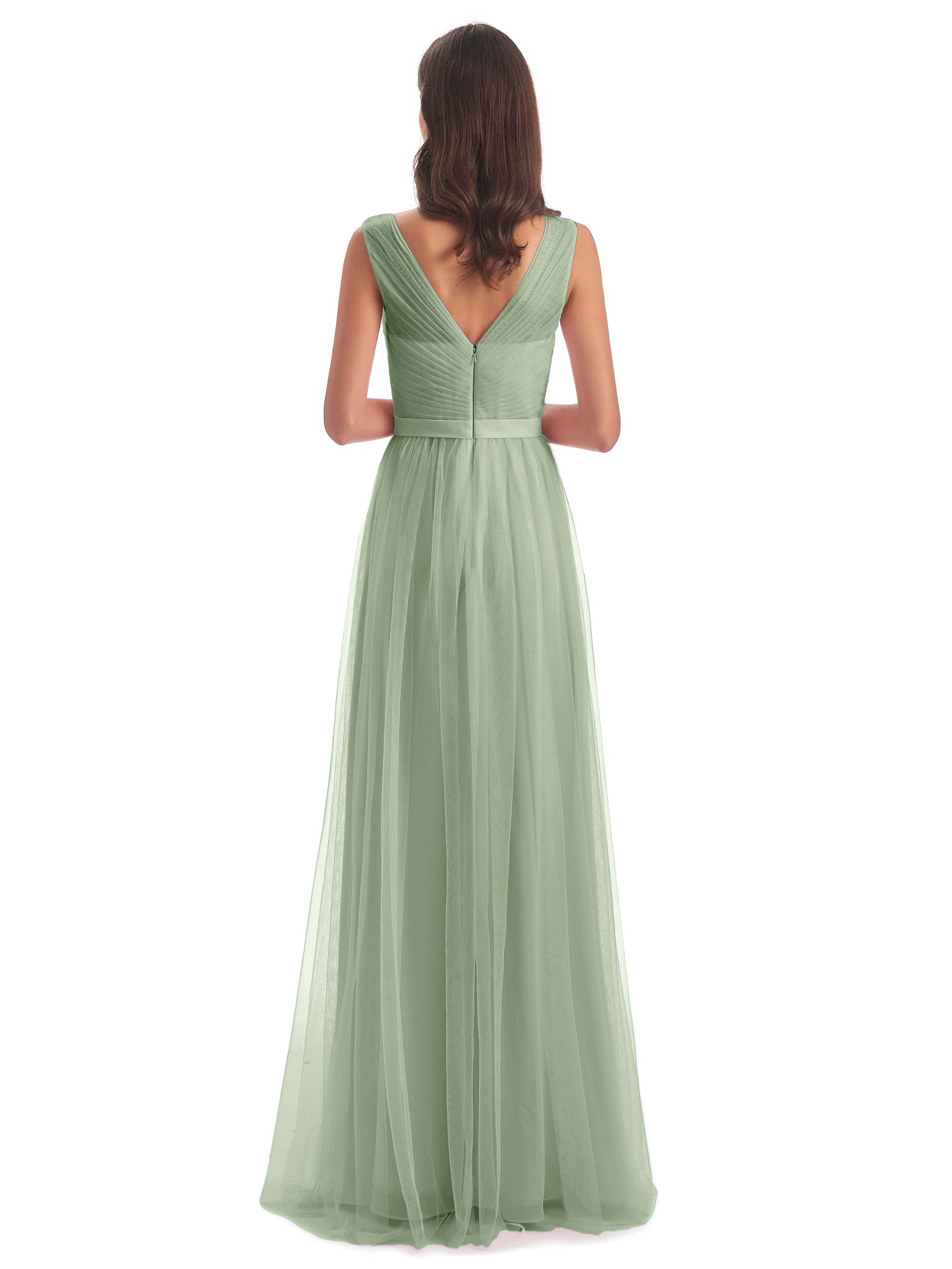 Robe Demoiselle D Honneur Sauge Poudré Mila Dos En V Tulle Robes Demoiselle D'Honneur
