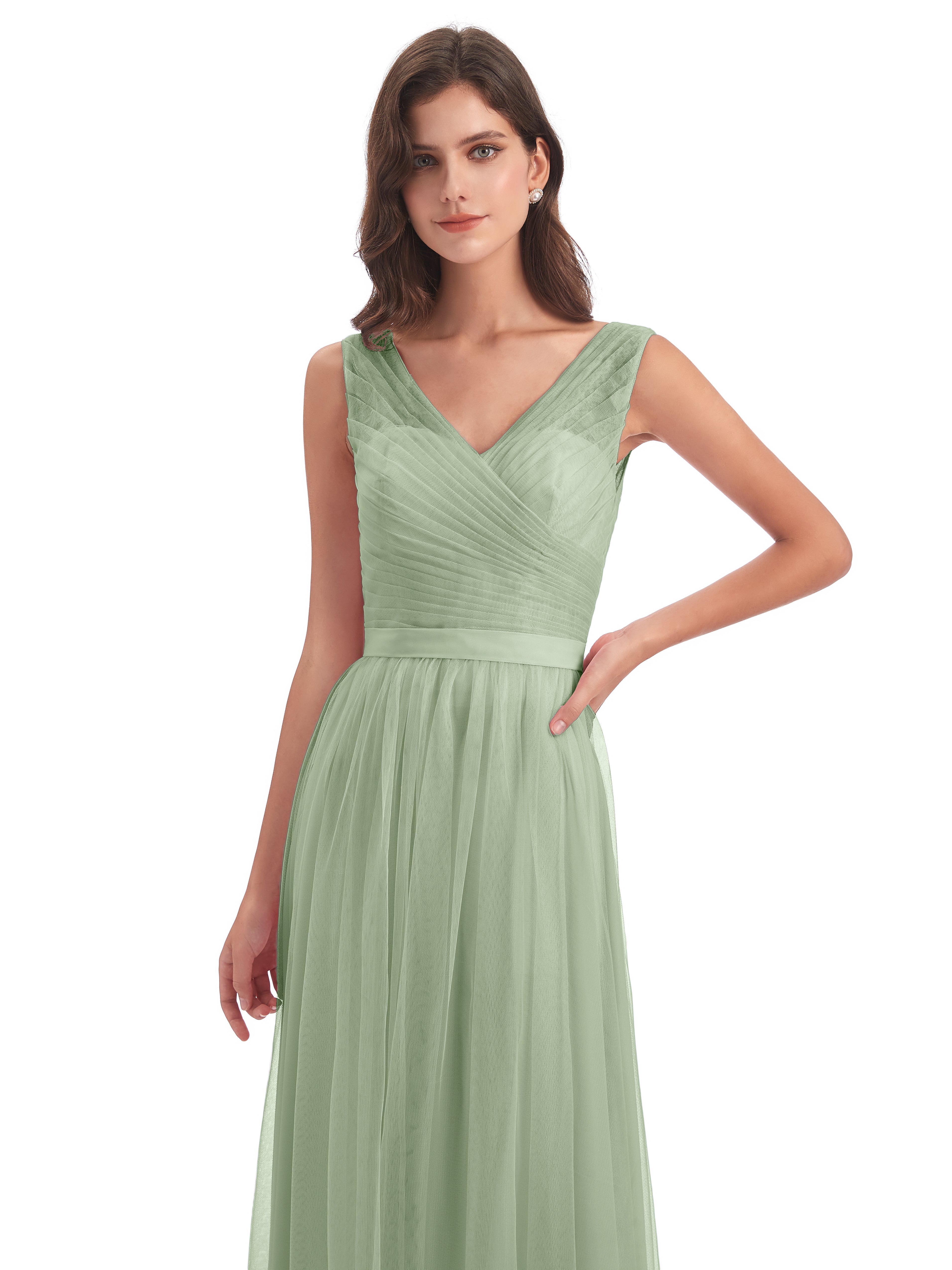 Robe Demoiselle D Honneur Sauge Poudré Mila Dos En V Tulle Robes Demoiselle D'Honneur