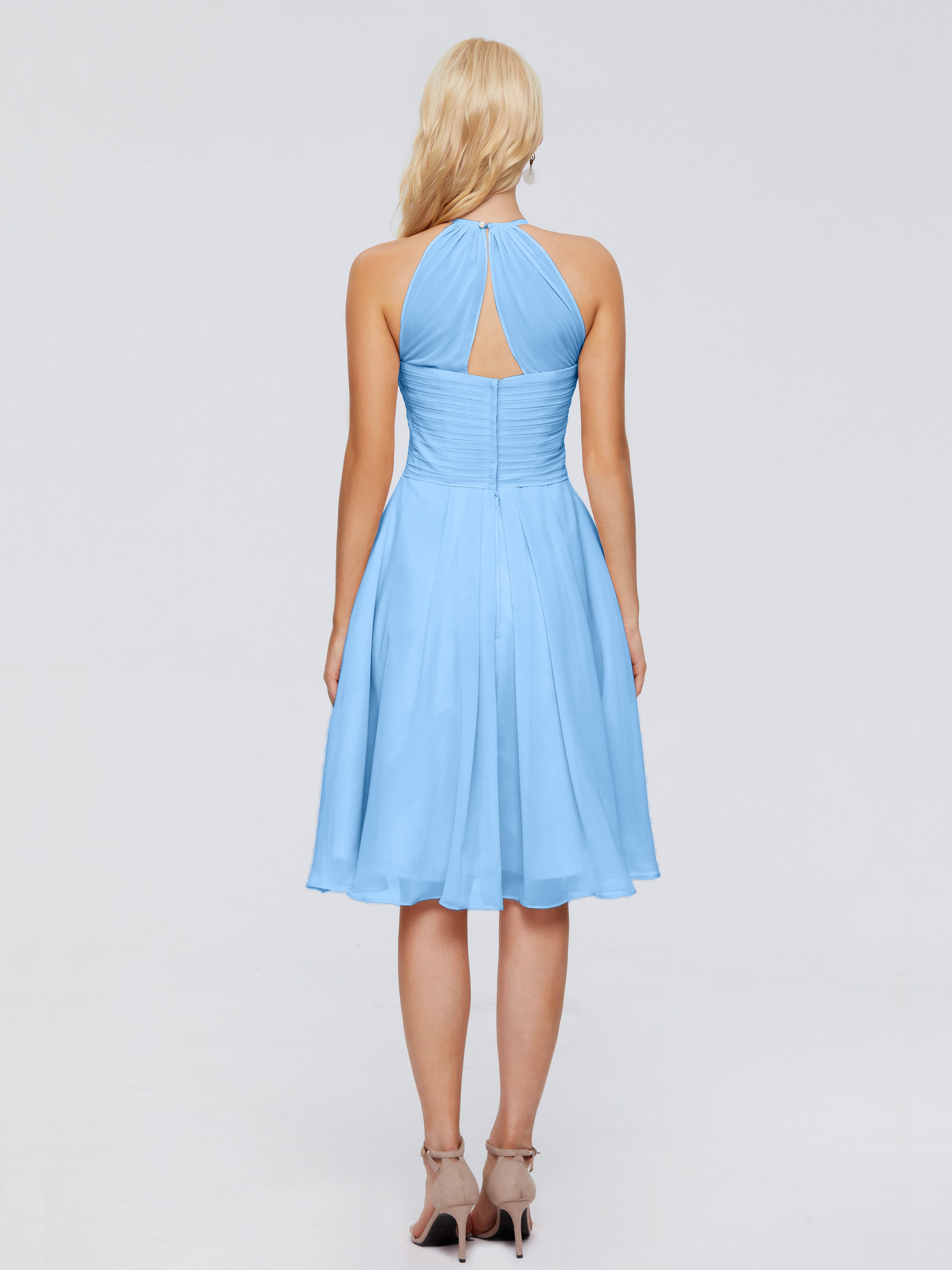 Robes De Demoiselle D'Honneur Bleues Shorts Licou Longueur Genou Robes Demoiselle D'Honneur