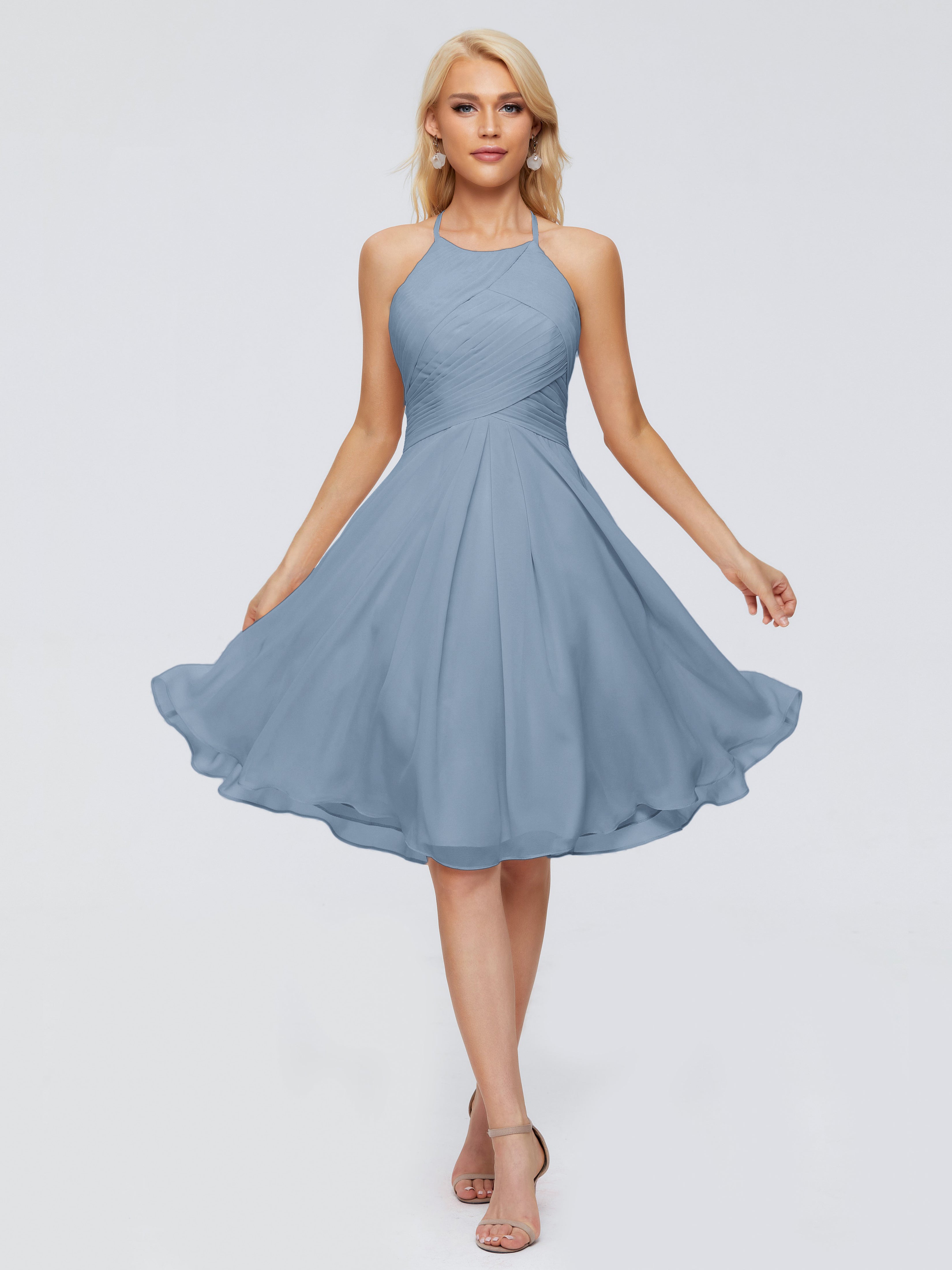 Robes De Demoiselle D'Honneur Bleu De Schiste Licou Longueur Genou Robes Demoiselle D'Honneur