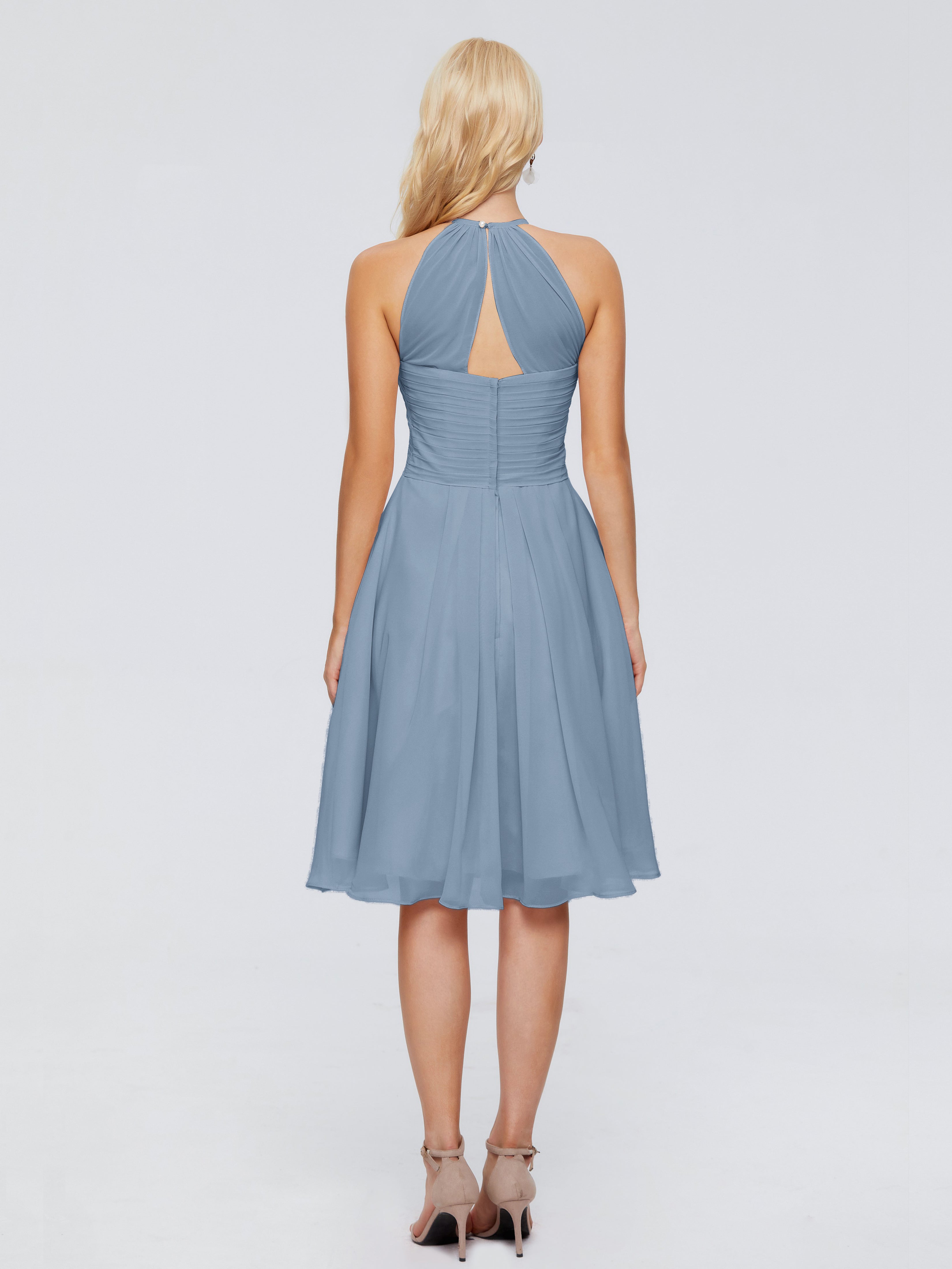 Robes De Demoiselle D'Honneur Bleu De Schiste Licou Longueur Genou Robes Demoiselle D'Honneur