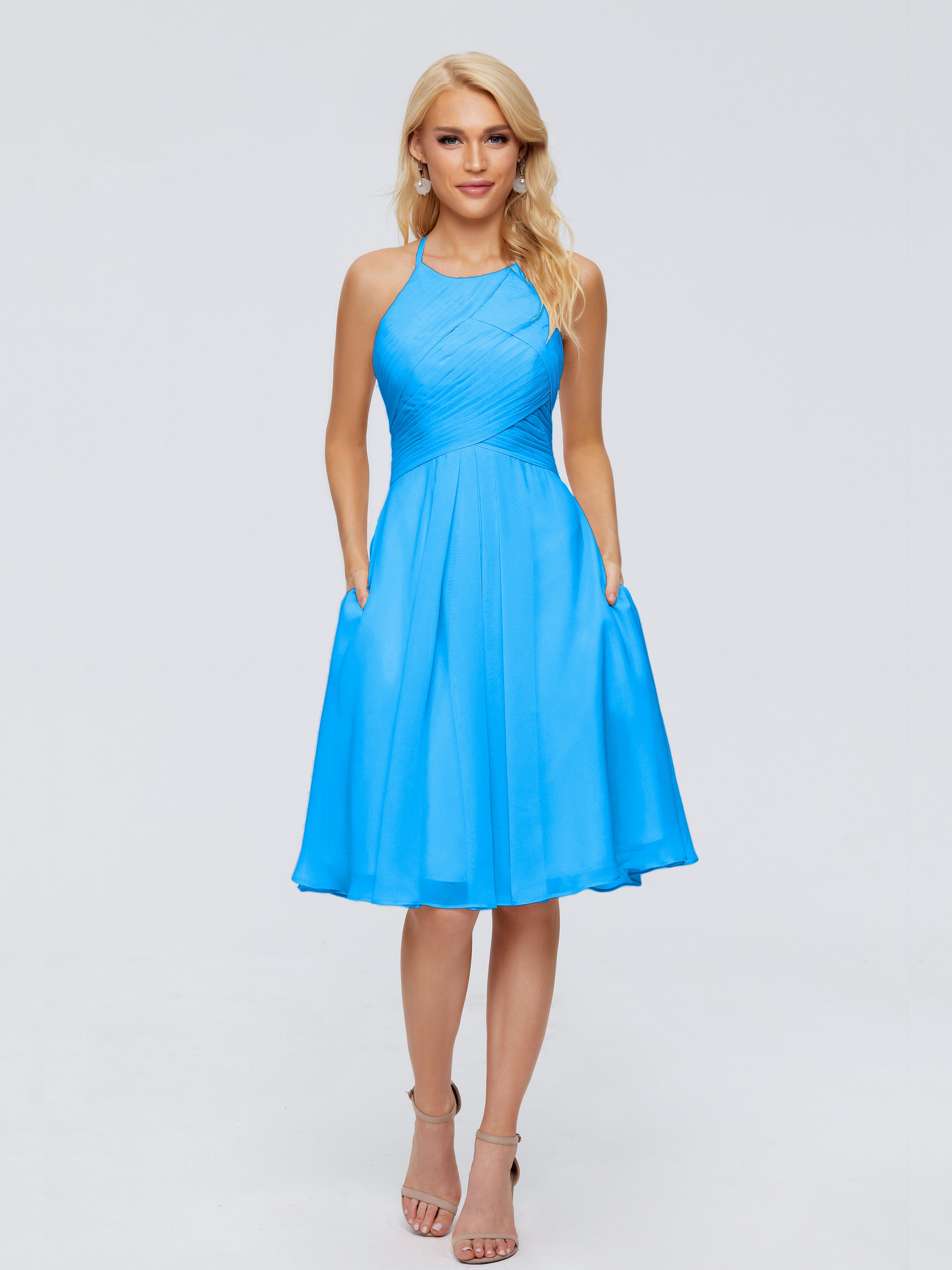Robes De Demoiselle D'Honneur Bleu Océan Licou Longueur Genou Robes Demoiselle D'Honneur