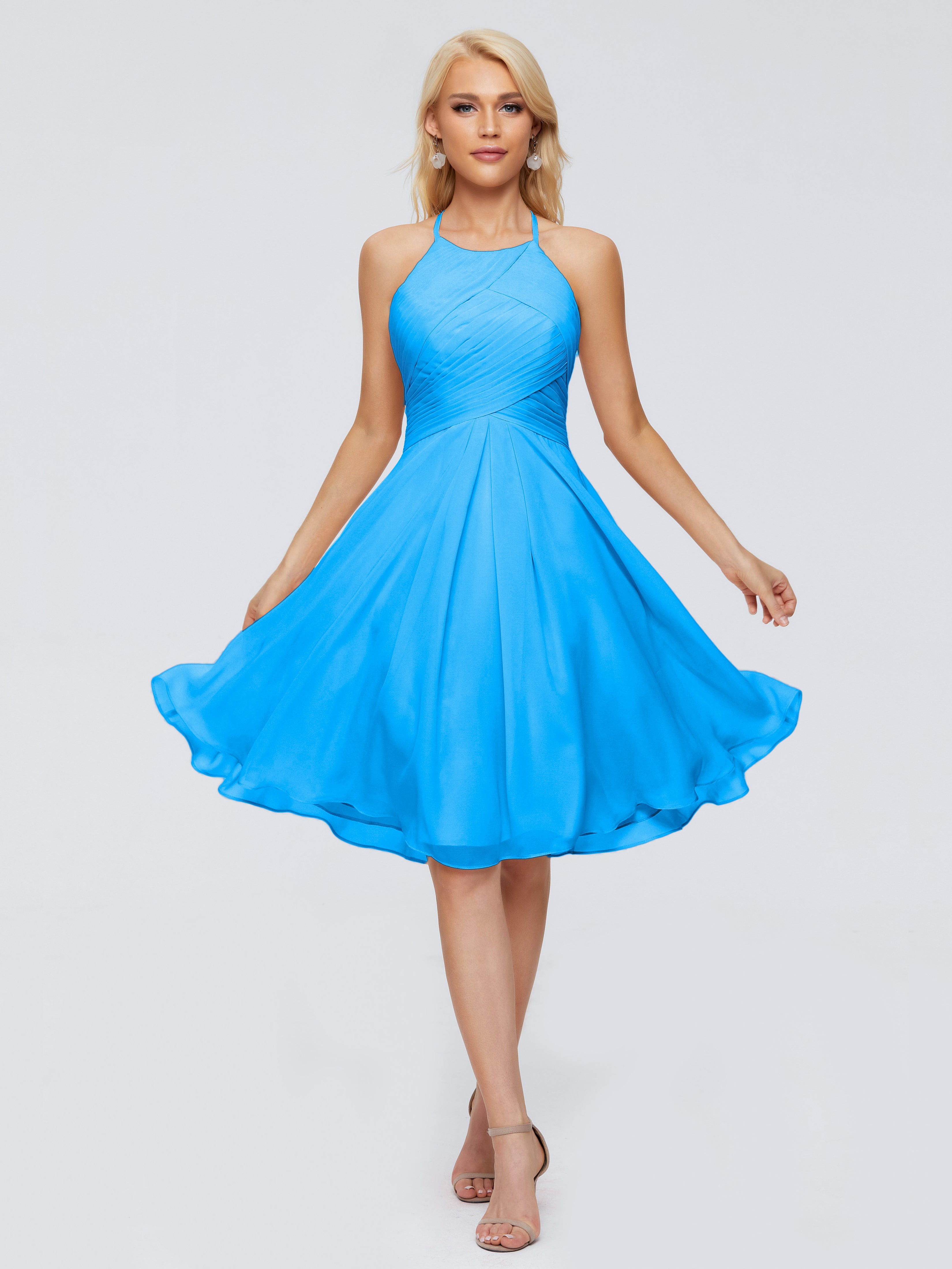 Robes De Demoiselle D'Honneur Bleu Océan Licou Longueur Genou Robes Demoiselle D'Honneur