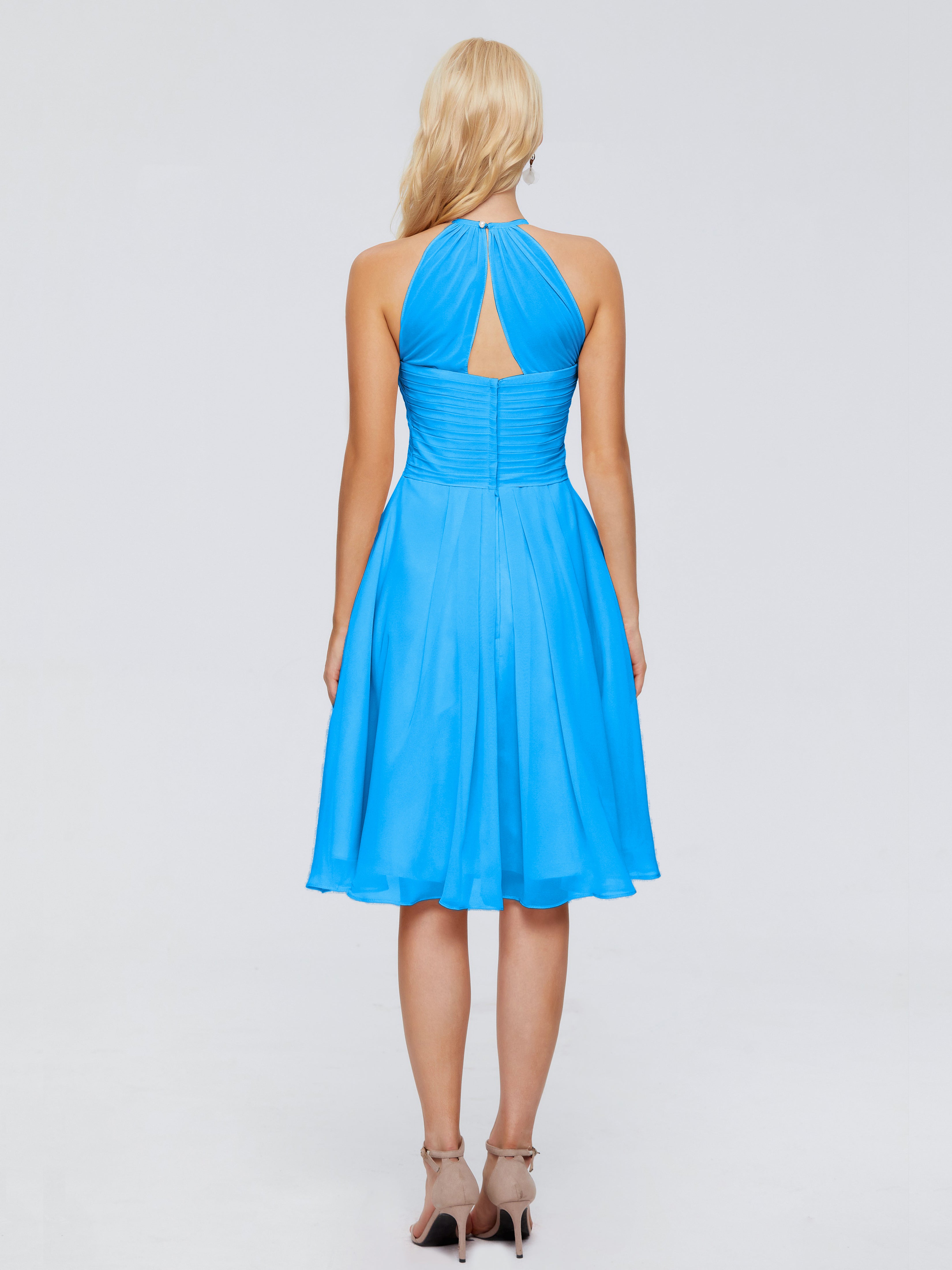 Robes De Demoiselle D'Honneur Bleu Océan Licou Longueur Genou Robes Demoiselle D'Honneur