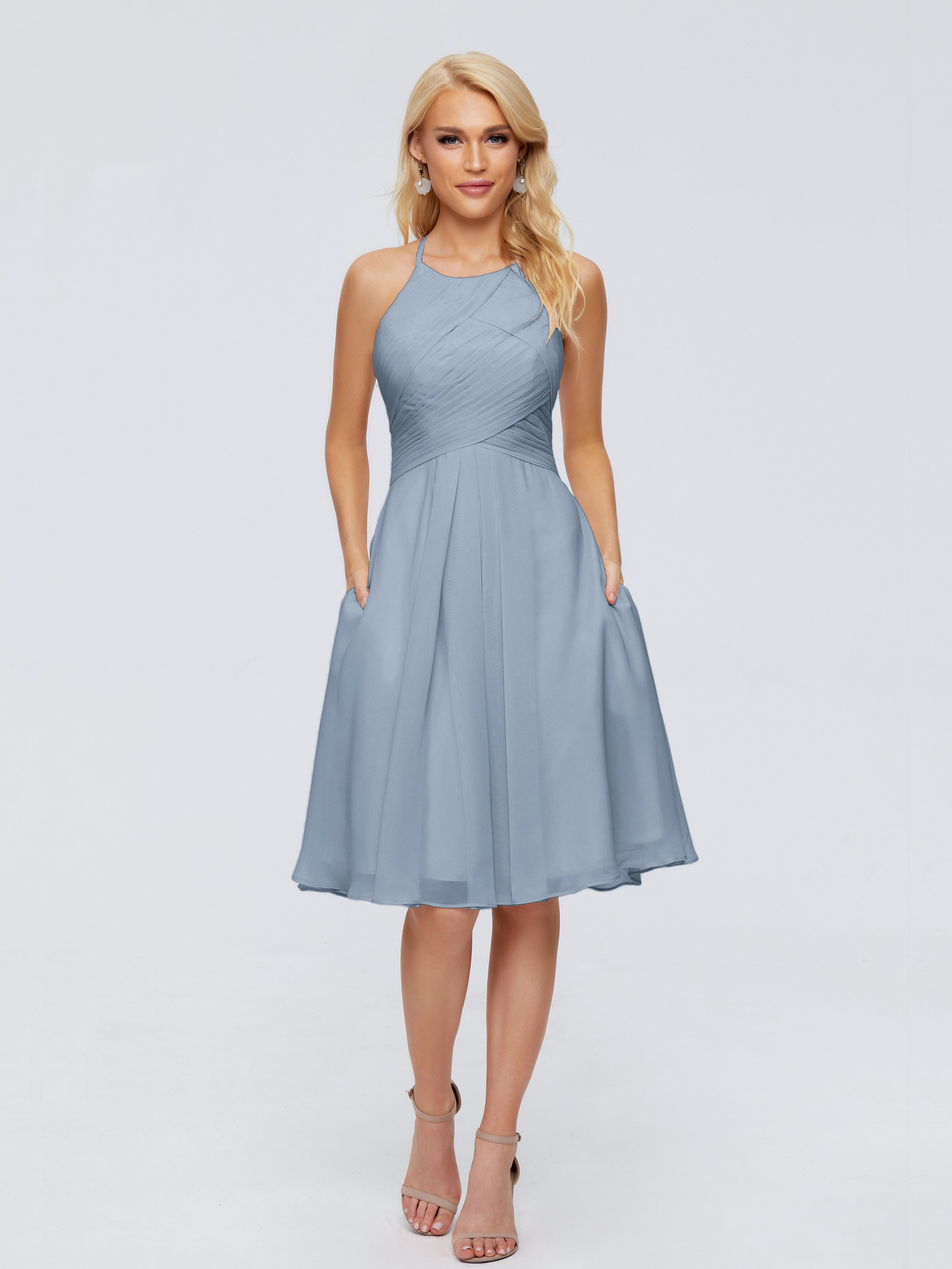 Robes De Demoiselle D'Honneur Bleu Poudre Licou Longueur Genou Robes Demoiselle D'Honneur