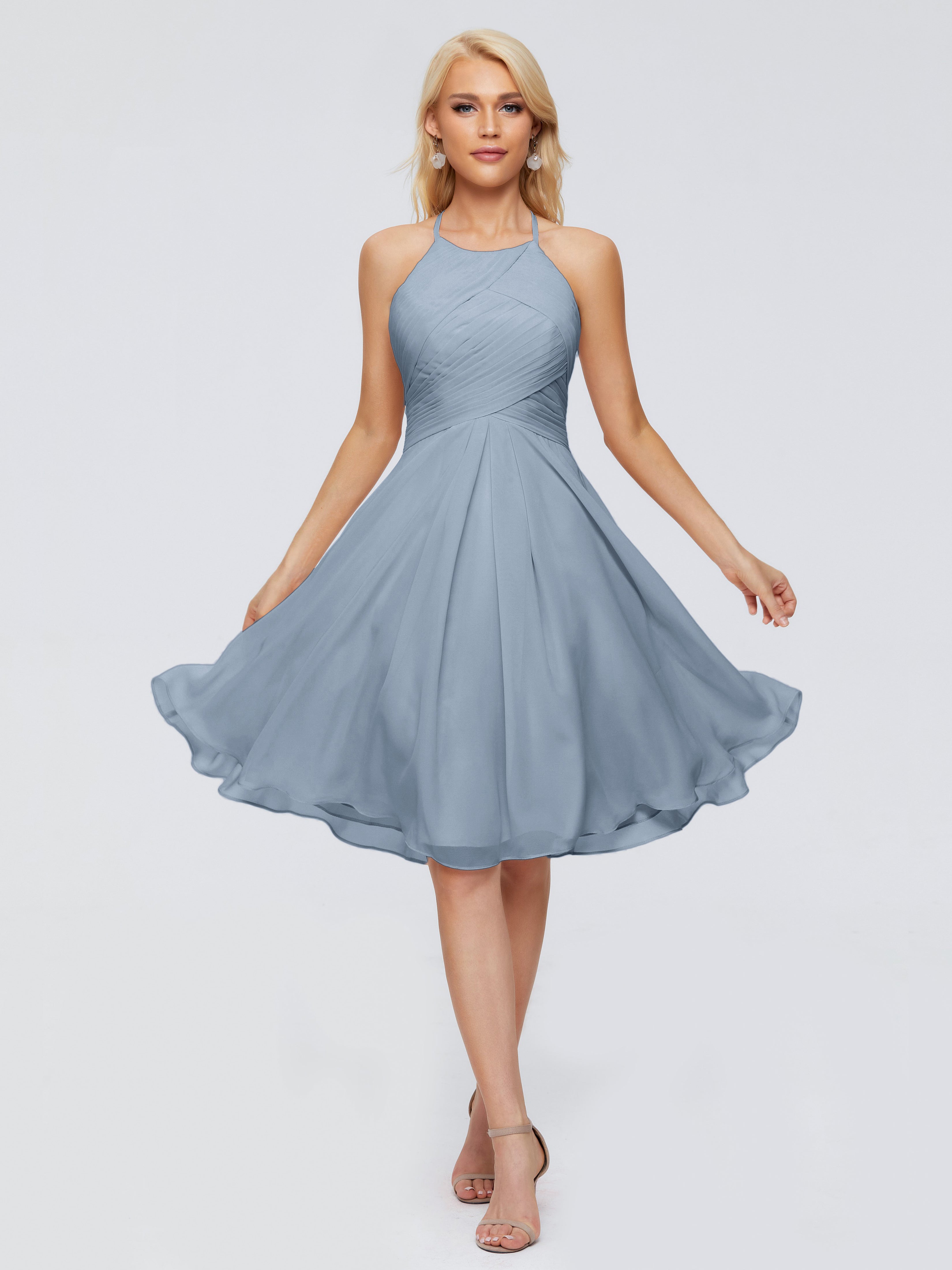 Robes De Demoiselle D'Honneur Bleu Poudre Licou Longueur Genou Robes Demoiselle D'Honneur