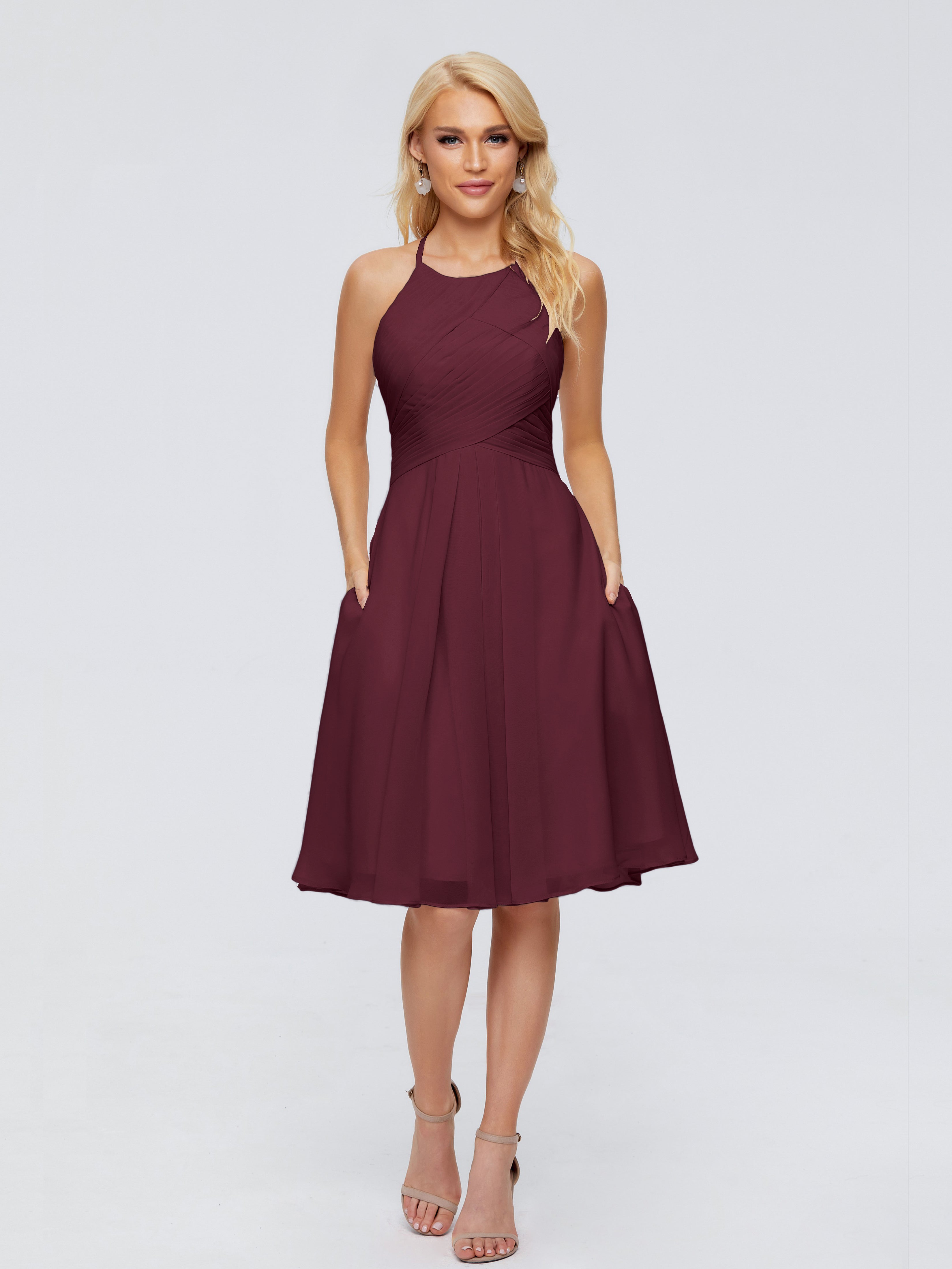 Robes De Demoiselle D'Honneur Cabernet Licou Longueur Genou Robes Demoiselle D'Honneur
