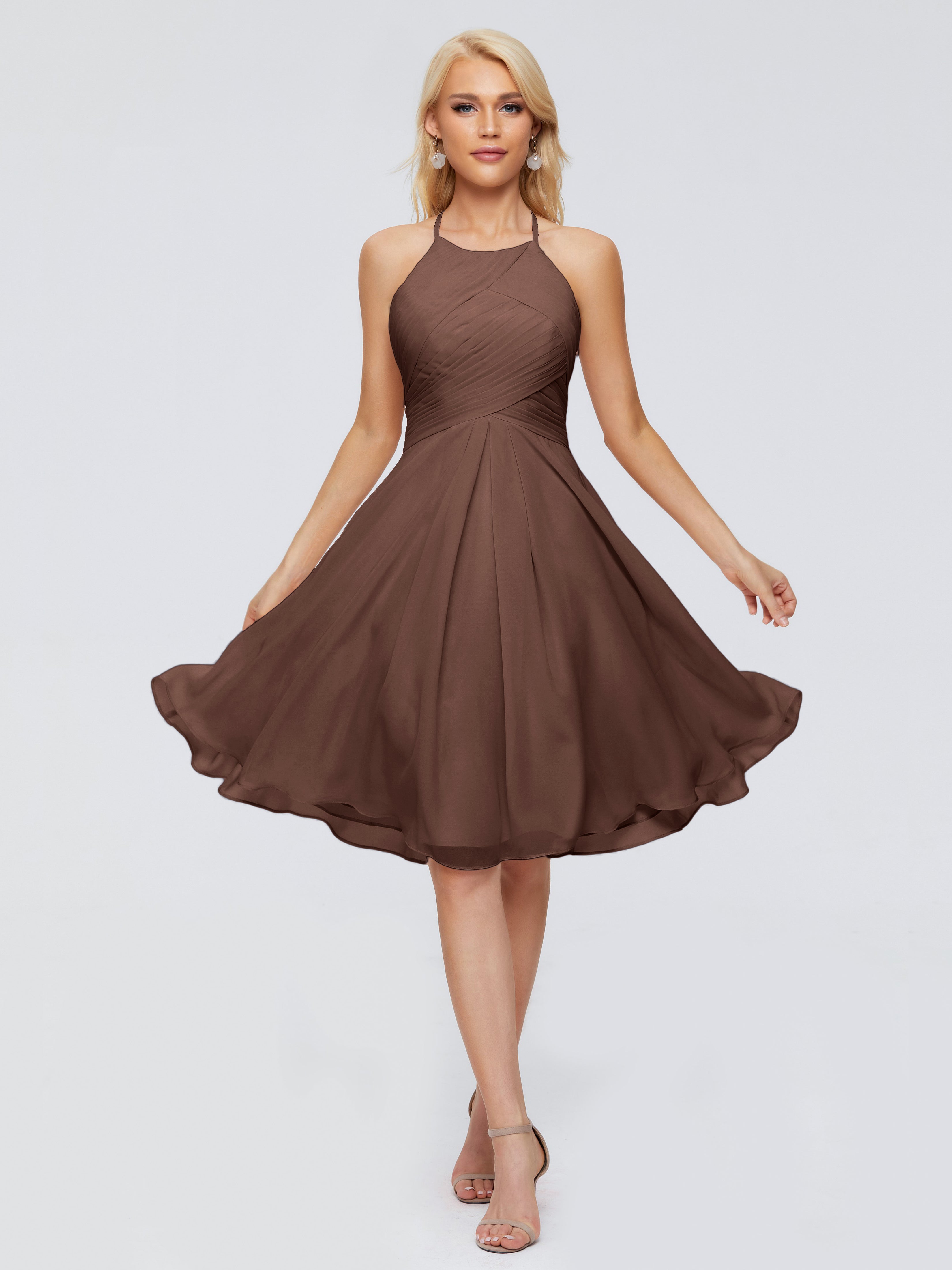 Robe Marron Chocolat Demoiselle D Honneur Licou Longueur Genou Robes Demoiselle D'Honneur