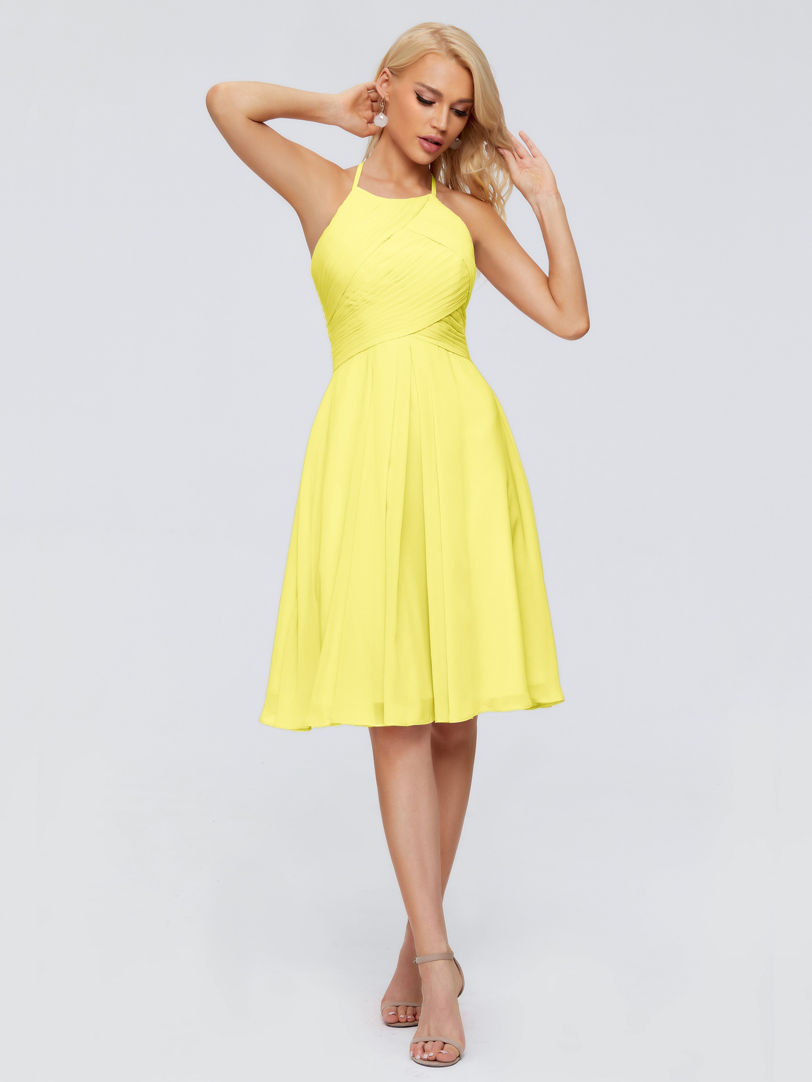 Robes De Demoiselle D'Honneur Citron Licou Longueur Genou Robes Demoiselle D'Honneur
