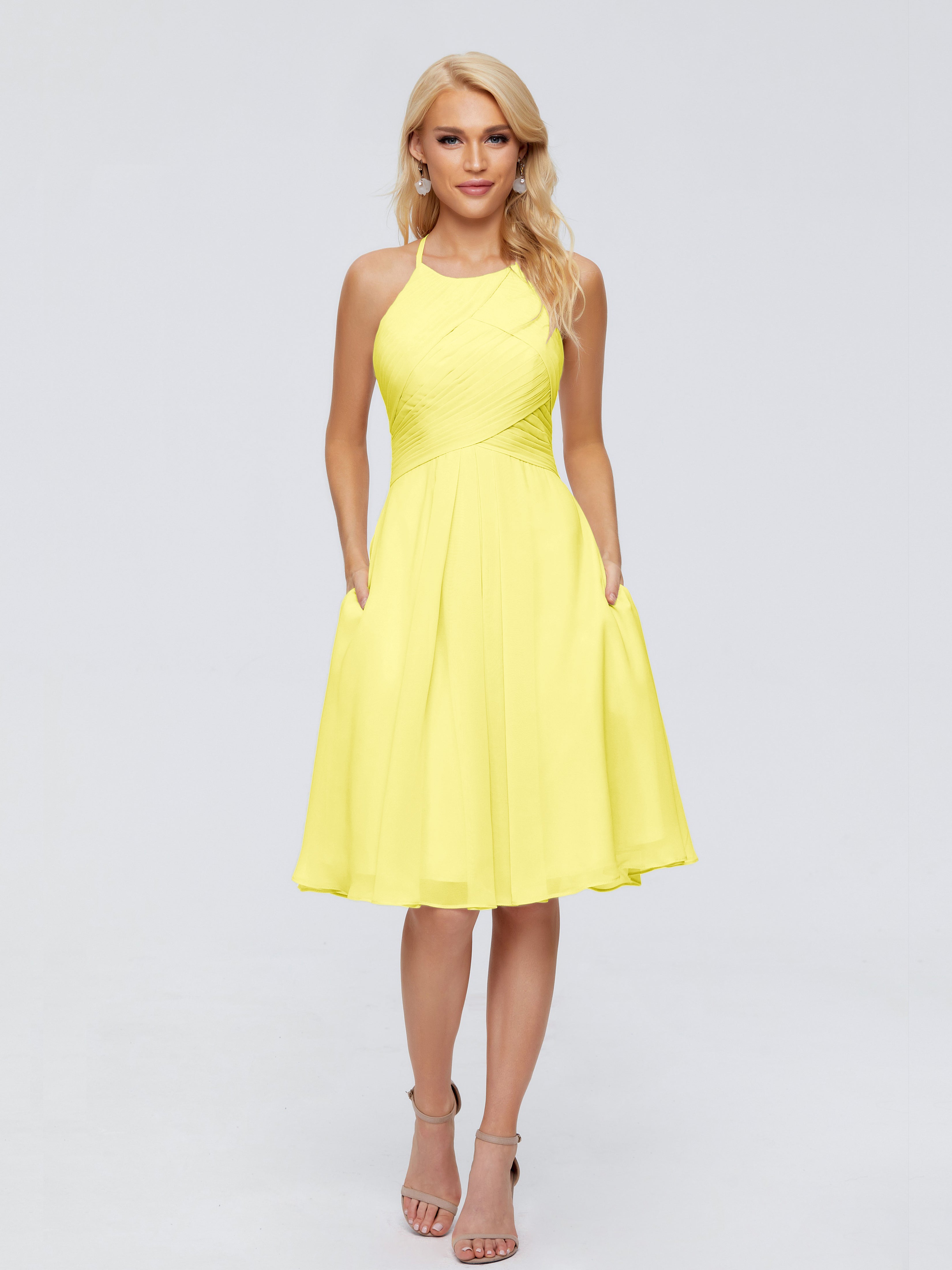 Robes De Demoiselle D'Honneur Citron Licou Longueur Genou Robes Demoiselle D'Honneur
