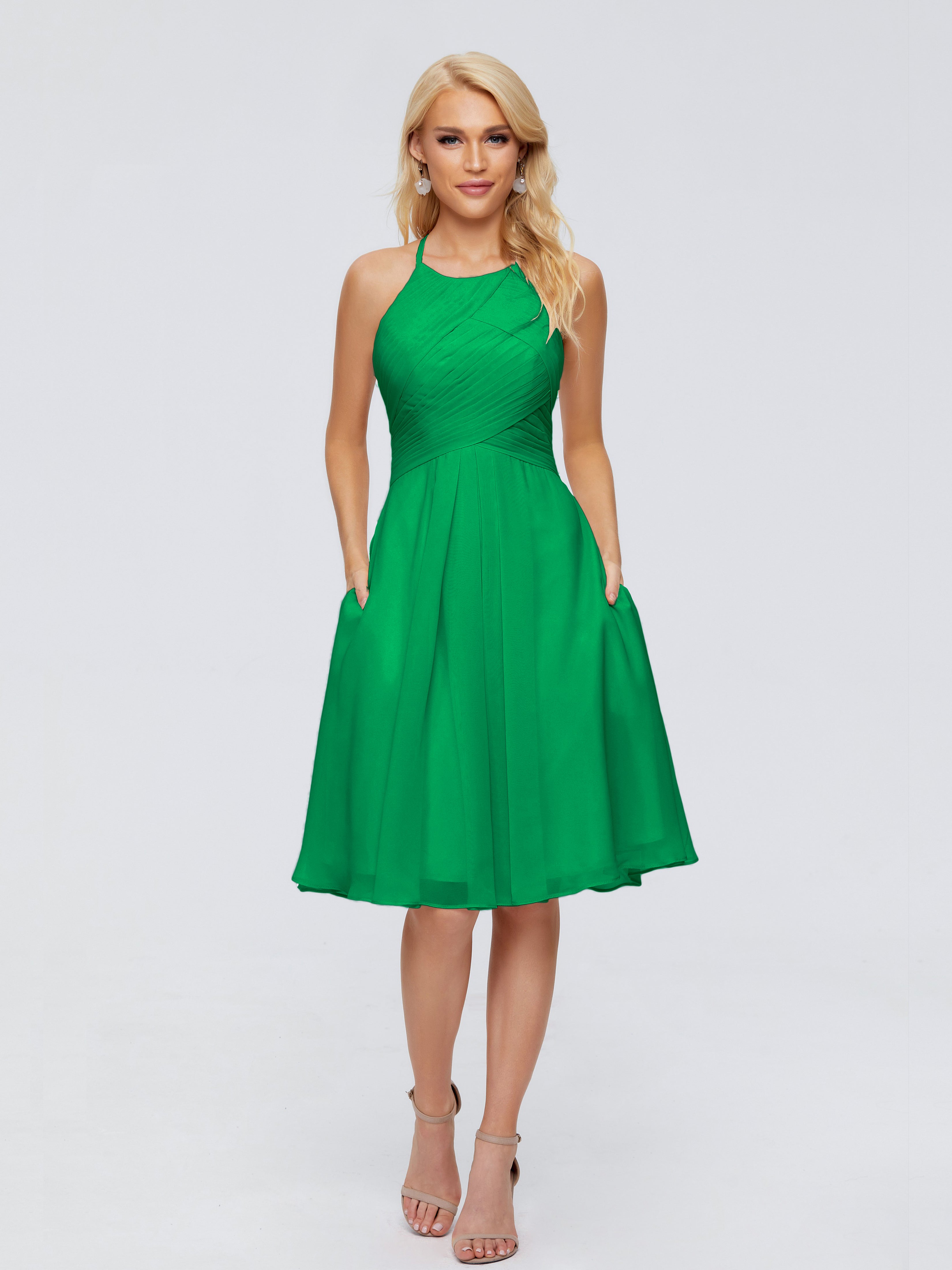 Demoiselle D'Honneur Vert Émeraude Licou Longueur Genou Robes Demoiselle D'Honneur