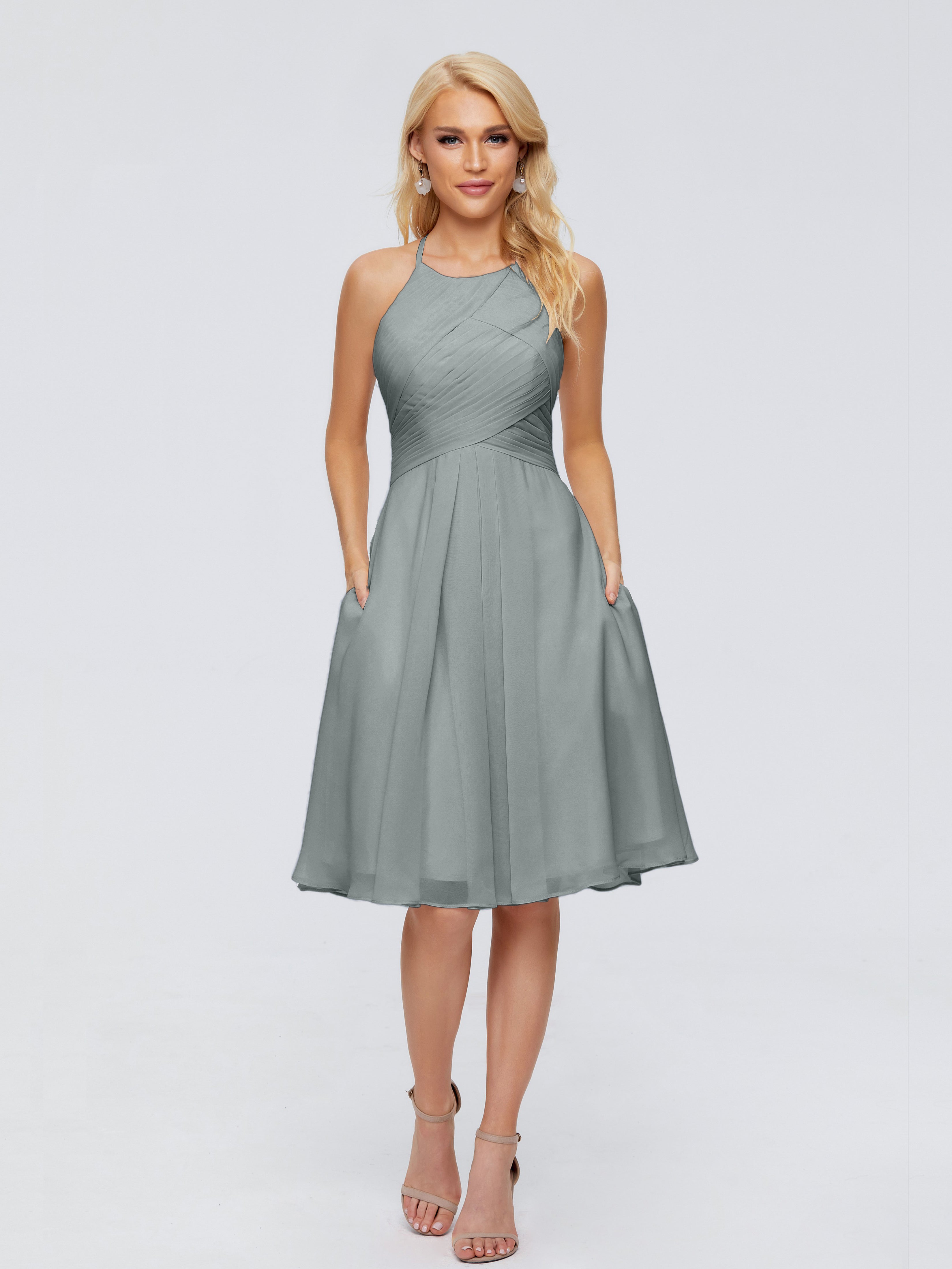 Robe Demoiselle D Honneur Gris Licou Longueur Genou Robes Demoiselle D'Honneur