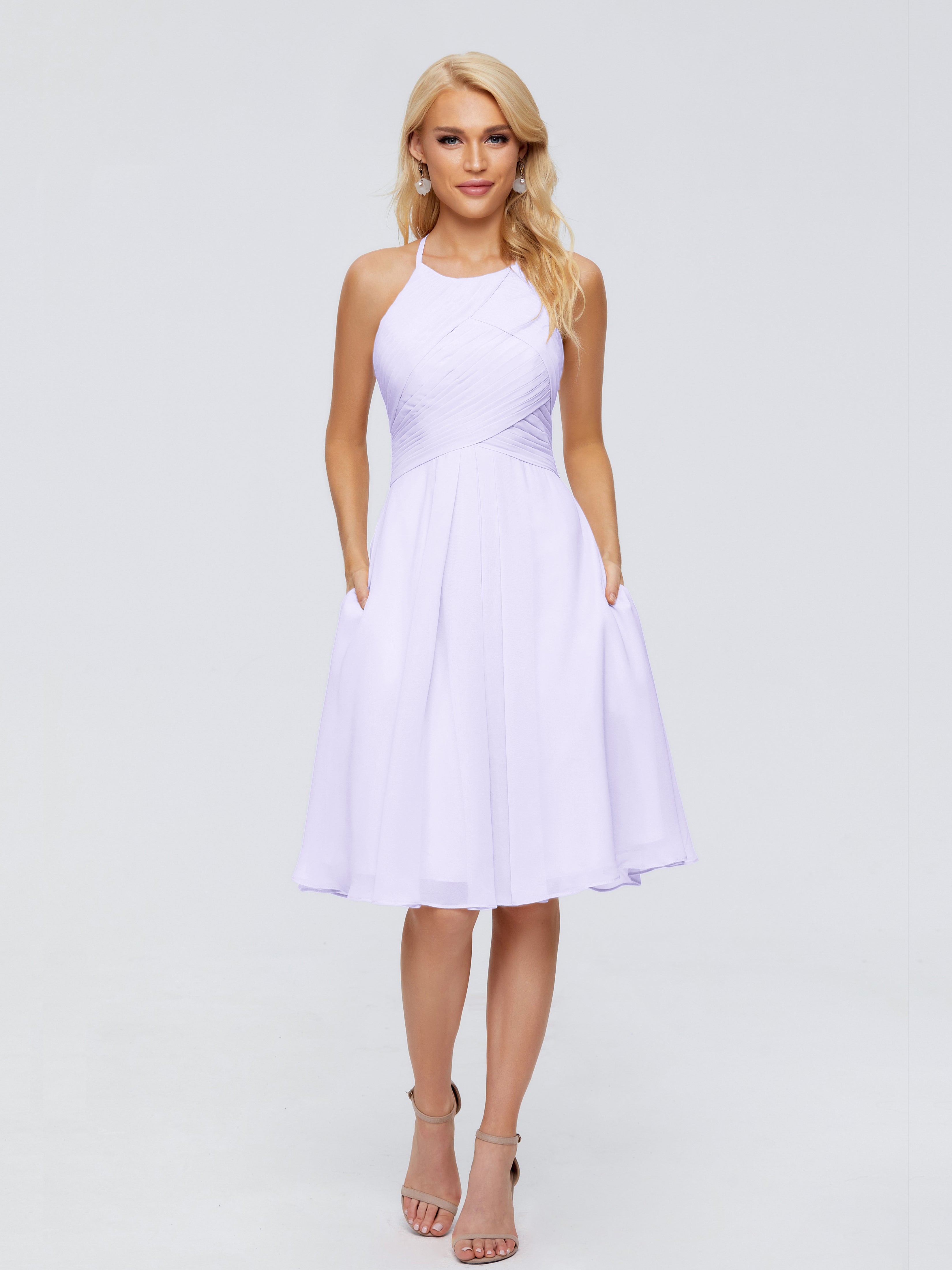 Robe De Demoiselle D Honneur Lilas Licou Longueur Genou Robes Demoiselle D'Honneur