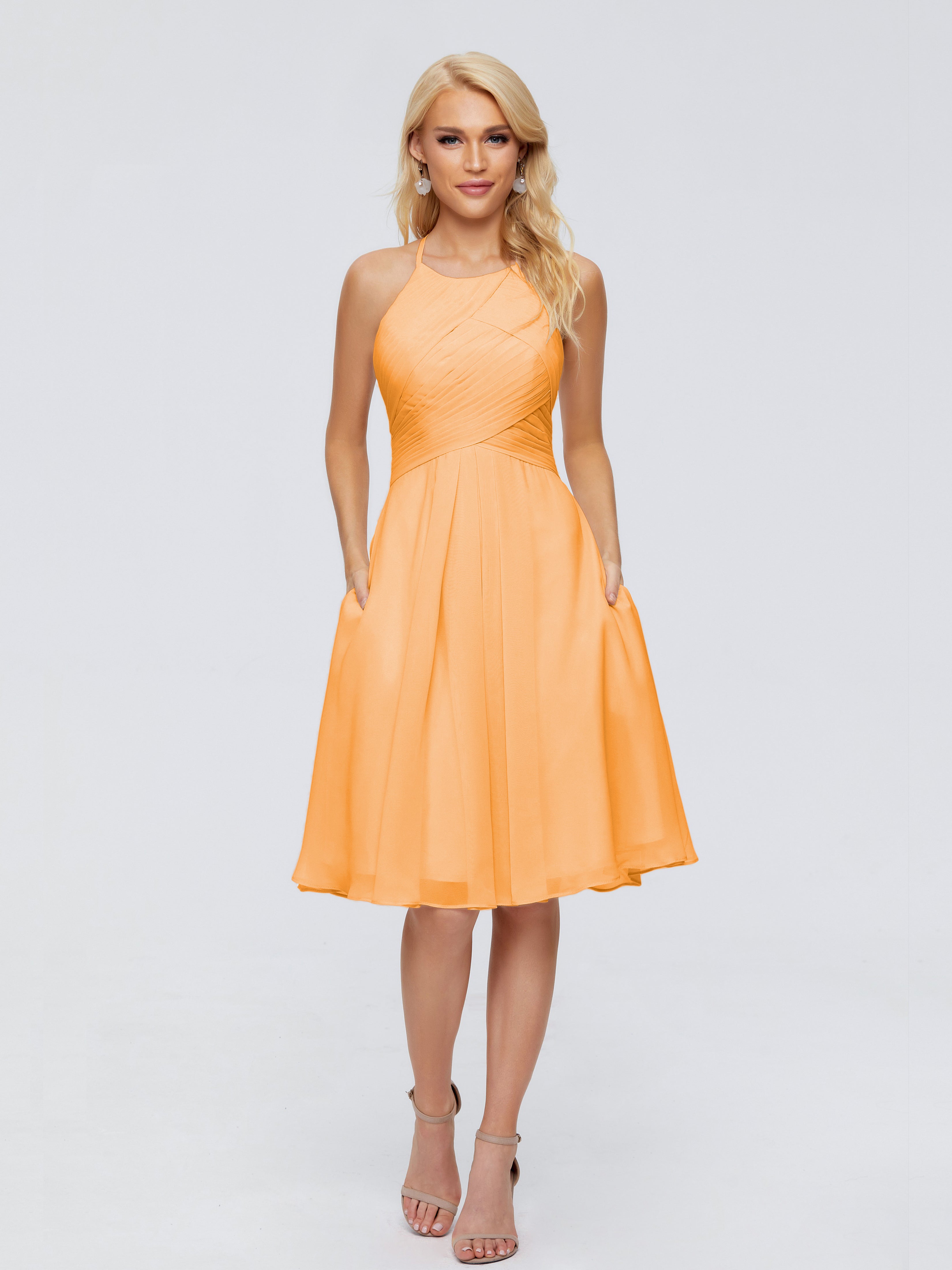 Robes De Demoiselle D'Honneur Mandarine Licou Longueur Genou Robes Demoiselle D'Honneur