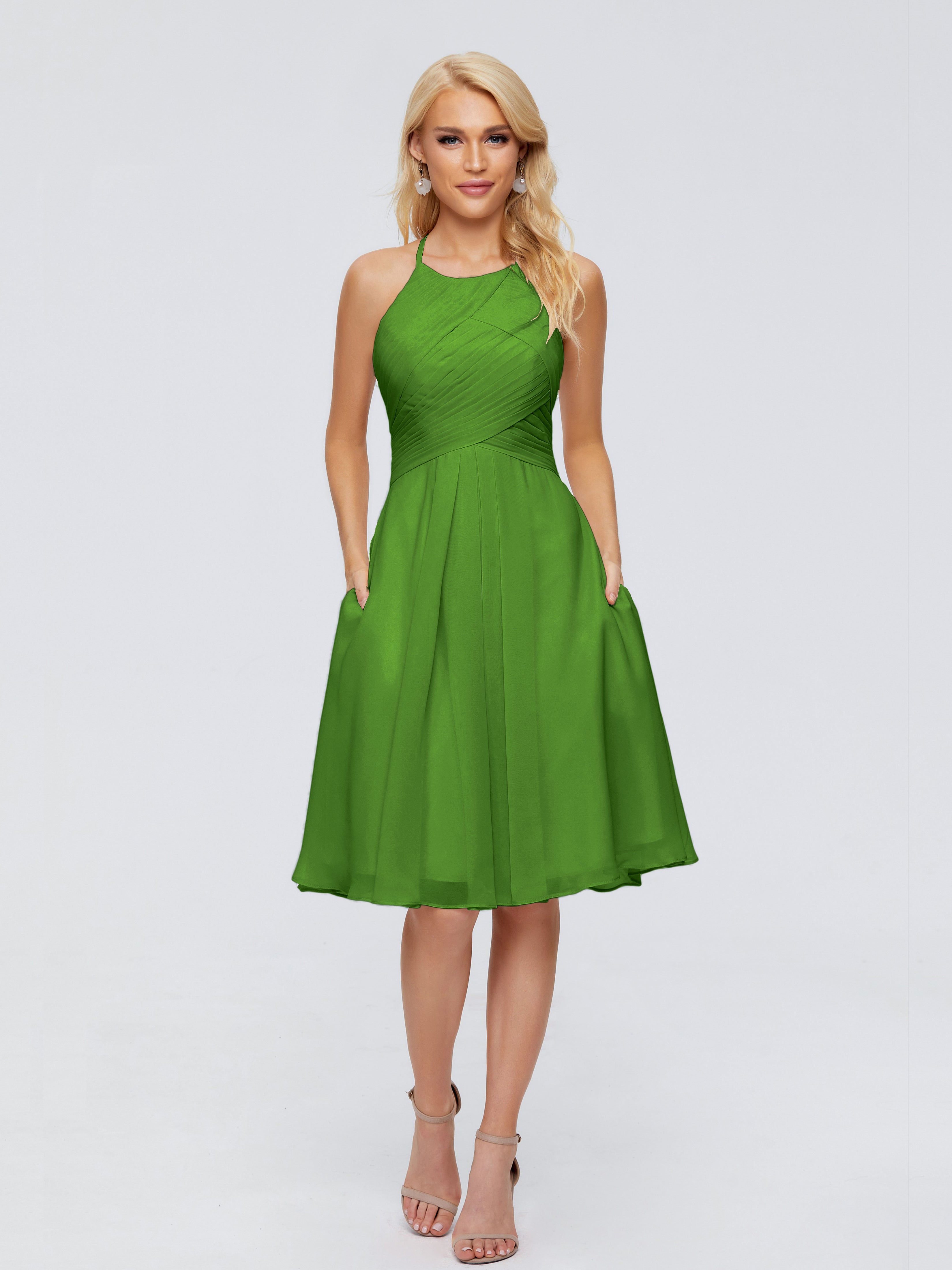 Robes De Demoiselle D'Honneur Vert Mousse Licou Longueur Genou Robes Demoiselle D'Honneur