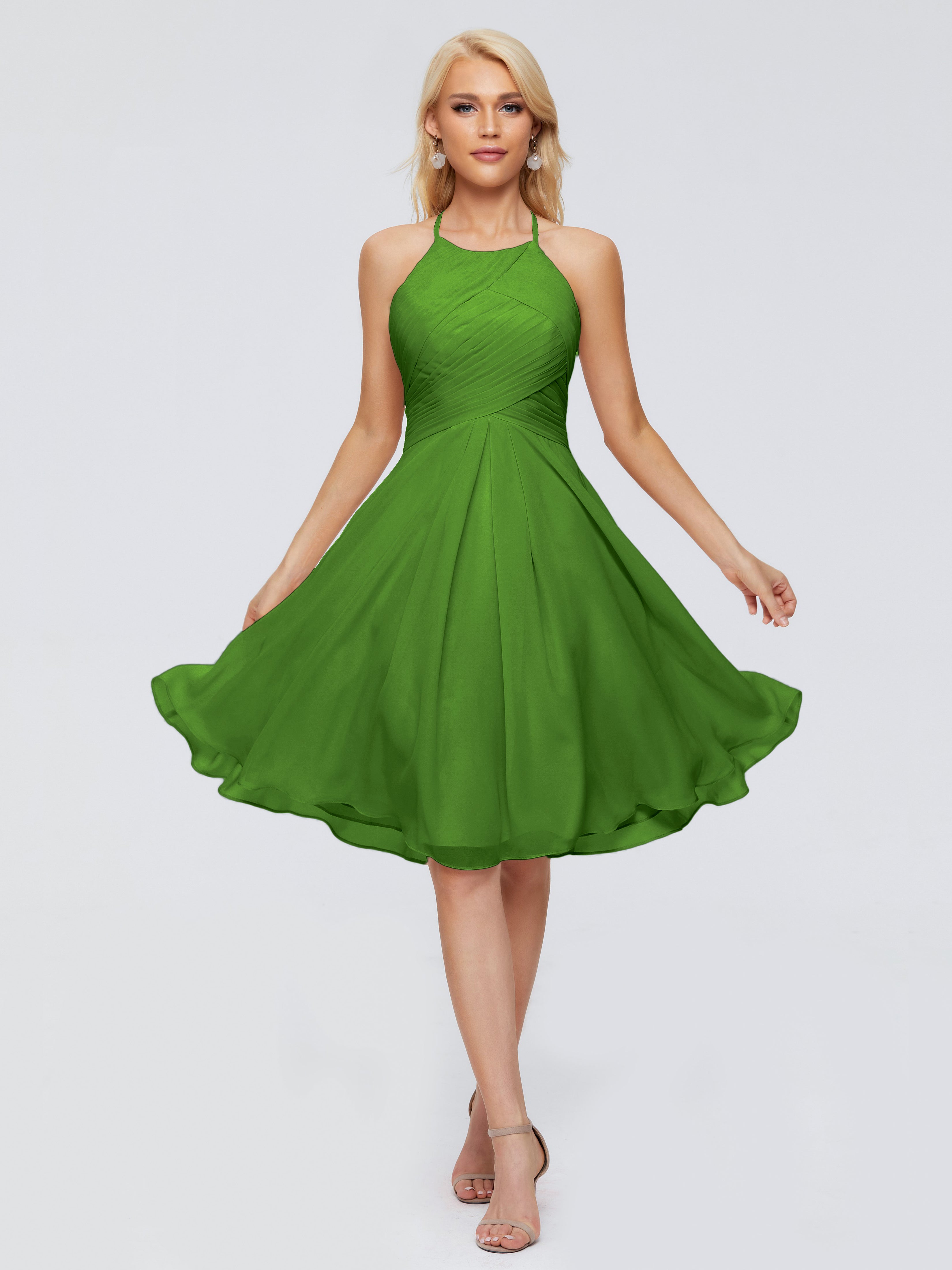 Robes De Demoiselle D'Honneur Vert Mousse Licou Longueur Genou Robes Demoiselle D'Honneur