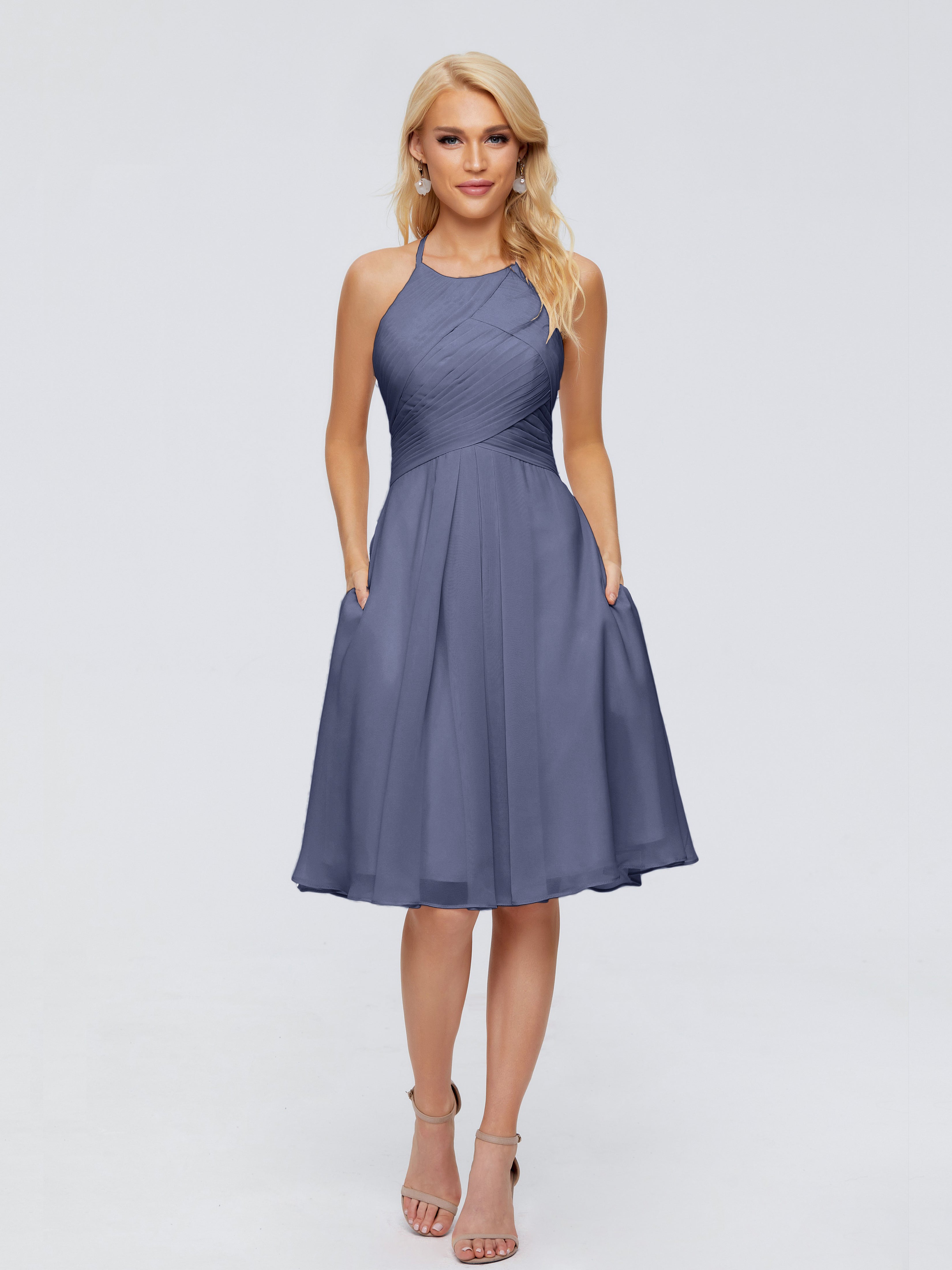 Robes De Demoiselle D'Honneur Bleu Orageux Licou Longueur Genou Robes Demoiselle D'Honneur