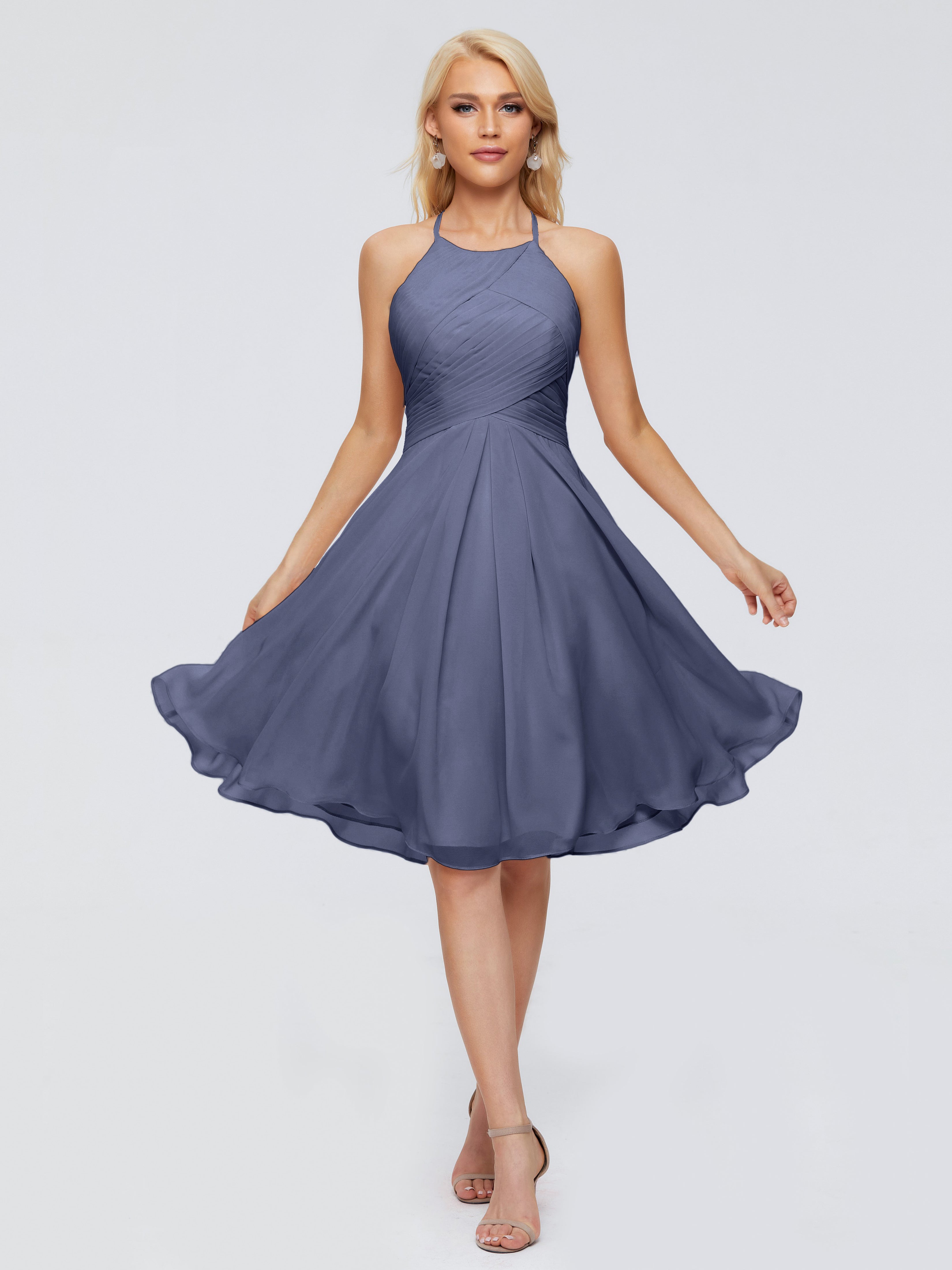 Robes De Demoiselle D'Honneur Bleu Orageux Licou Longueur Genou Robes Demoiselle D'Honneur