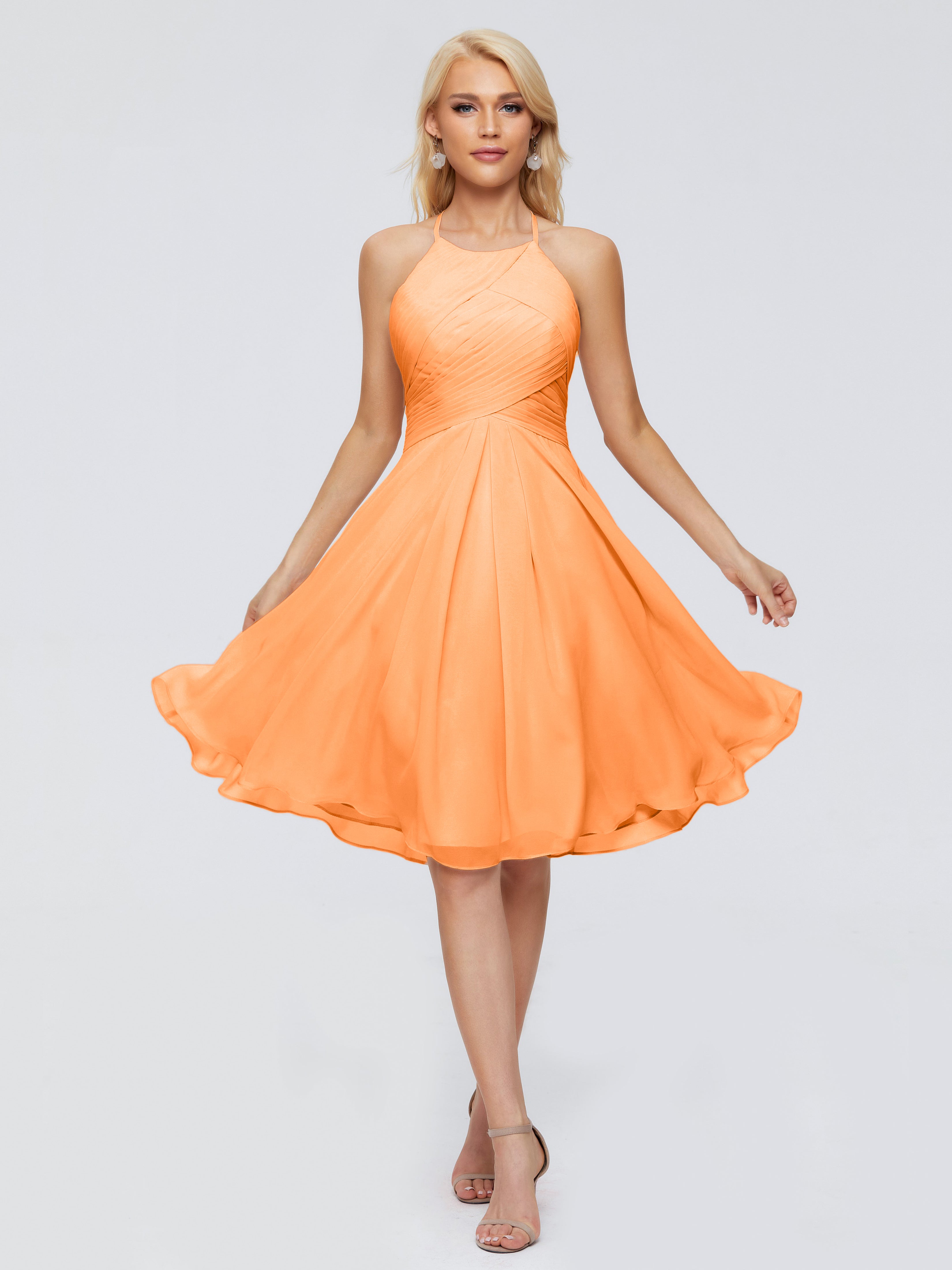 Robe De Demoiselle D Honneur Orange Licou Longueur Genou Robes Demoiselle D'Honneur
