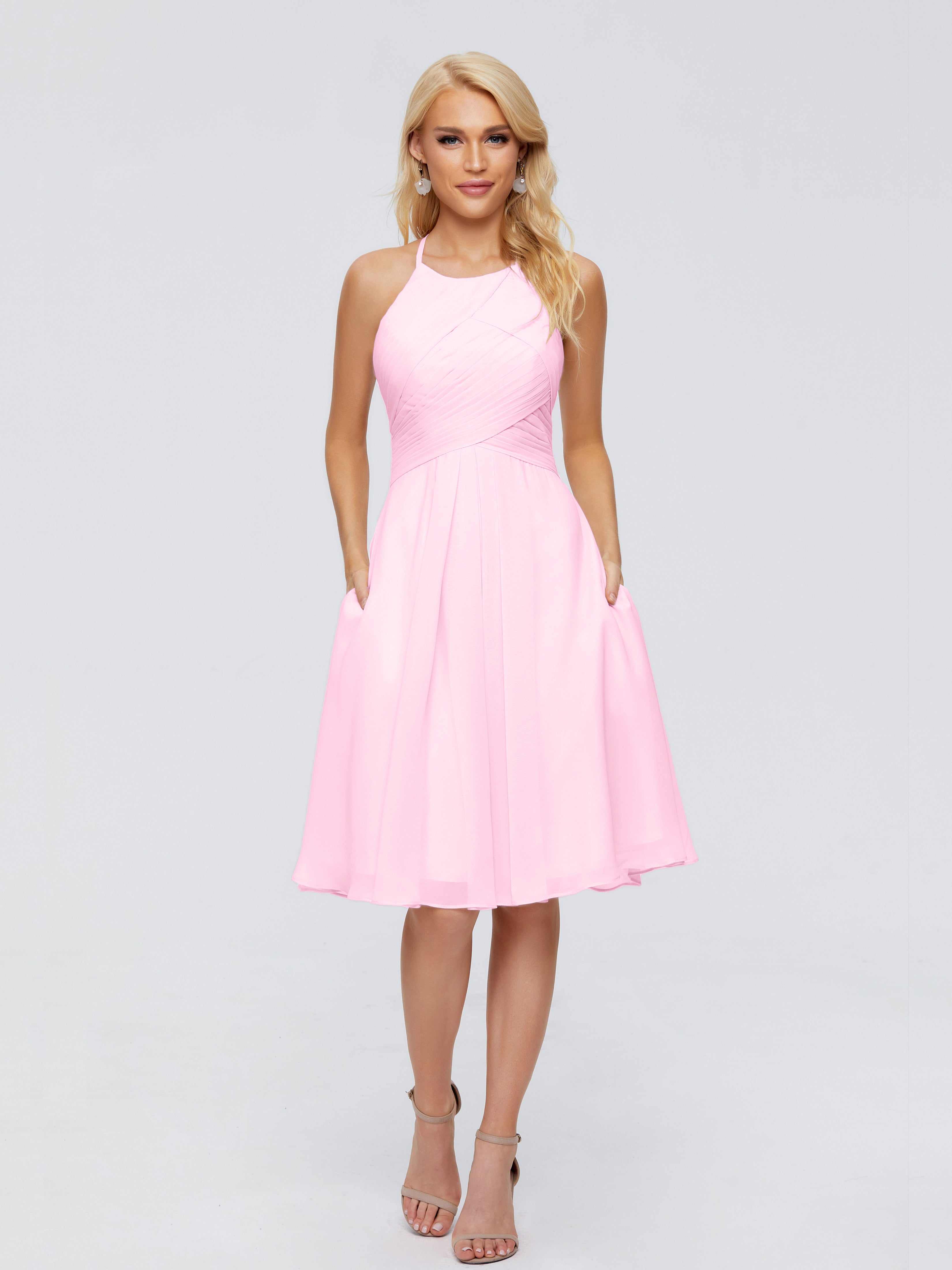 Robes De Demoiselle D'Honneur Rose Bonbon Licou Longueur Genou Robes Demoiselle D'Honneur
