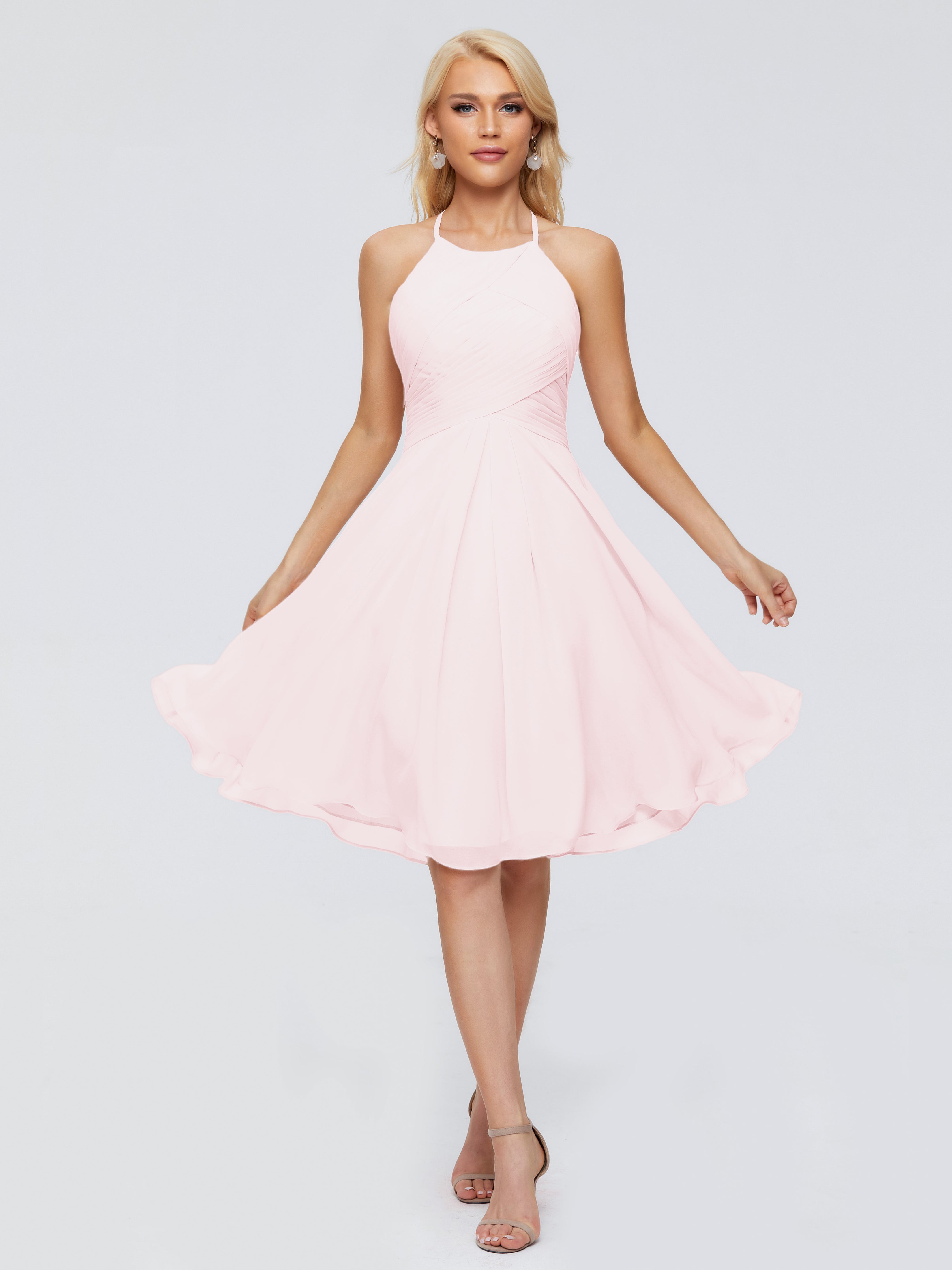 Rose Pale Robe Demoiselle D Honneur Courte Licou Longueur Genou Robes Demoiselle D'Honneur