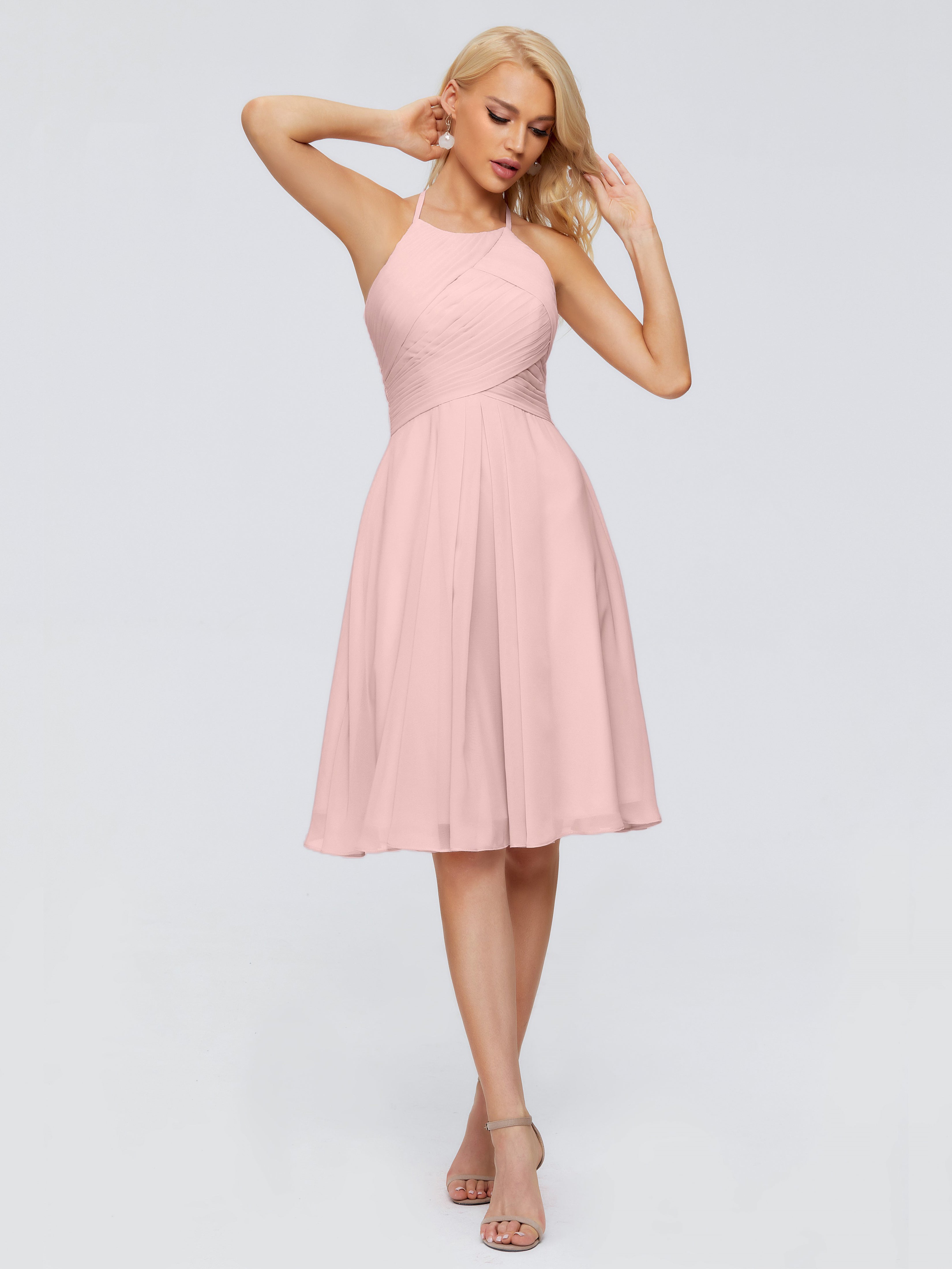Robe Demoiselle D Honneur Rose Poudré Courte Licou Longueur Genou Robes Demoiselle D'Honneur