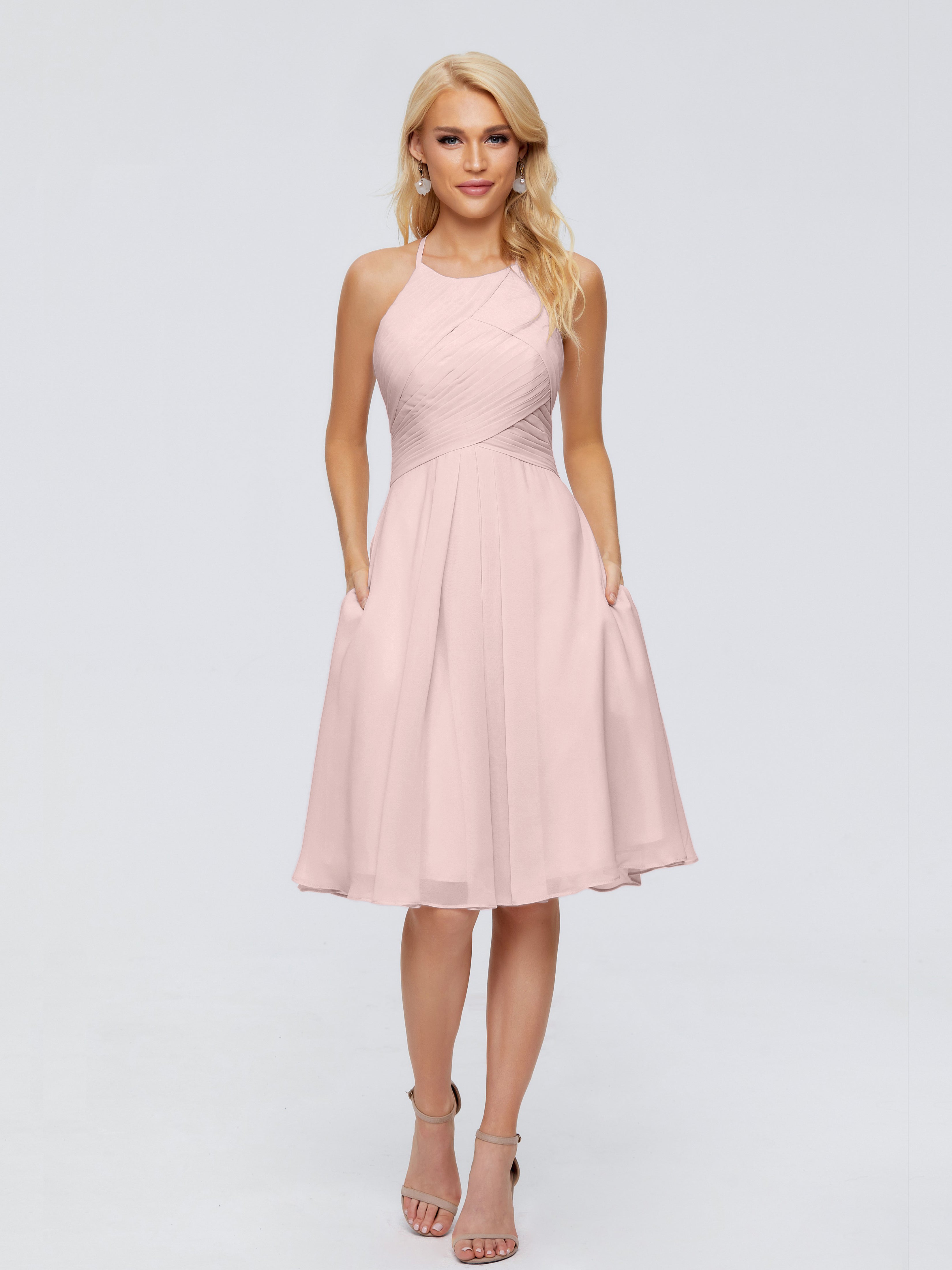 Robe Demoiselle D Honneur Rose Poudré Courte Licou Longueur Genou Robes Demoiselle D'Honneur