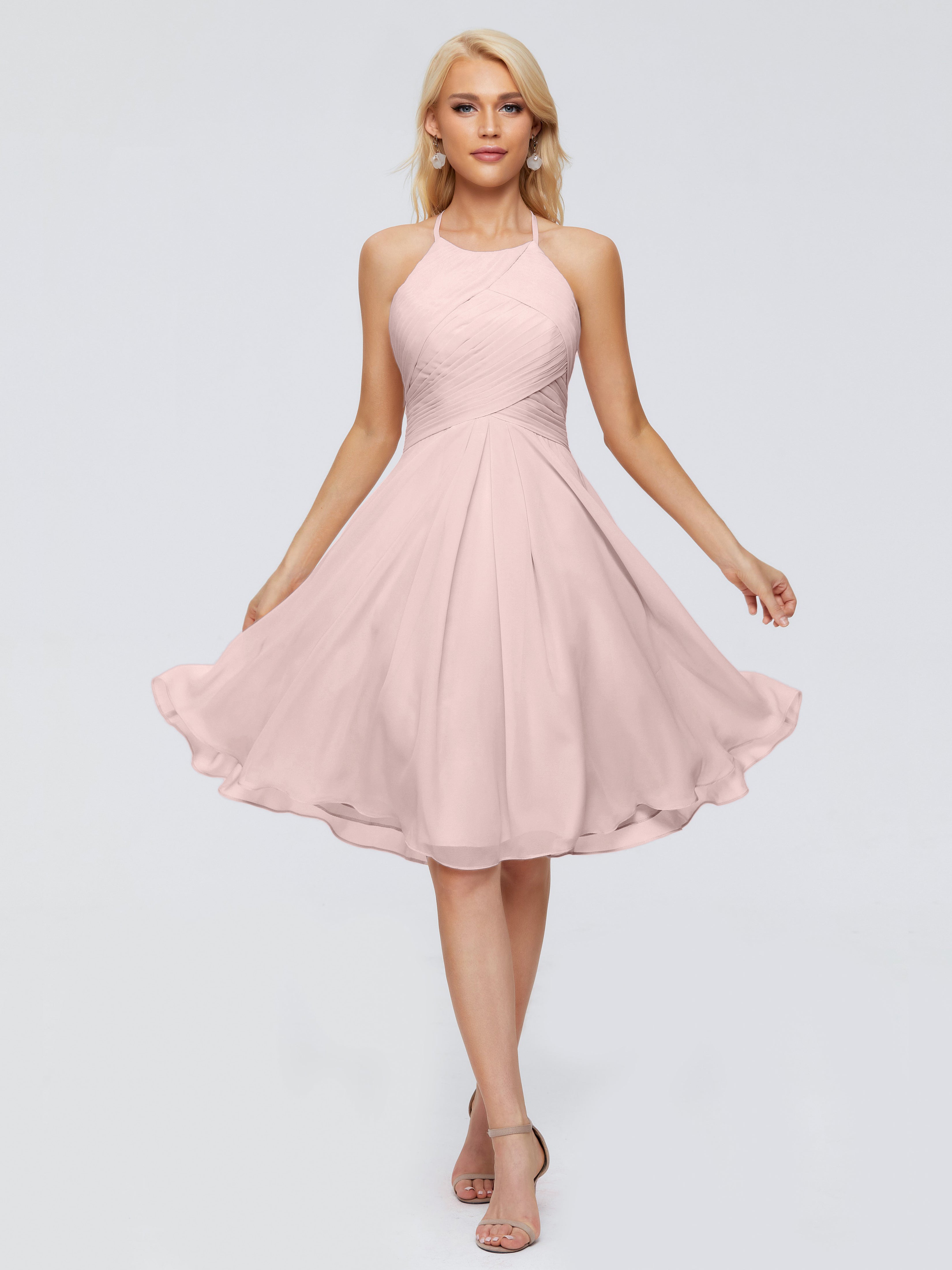 Robe Demoiselle D Honneur Rose Poudré Courte Licou Longueur Genou Robes Demoiselle D'Honneur