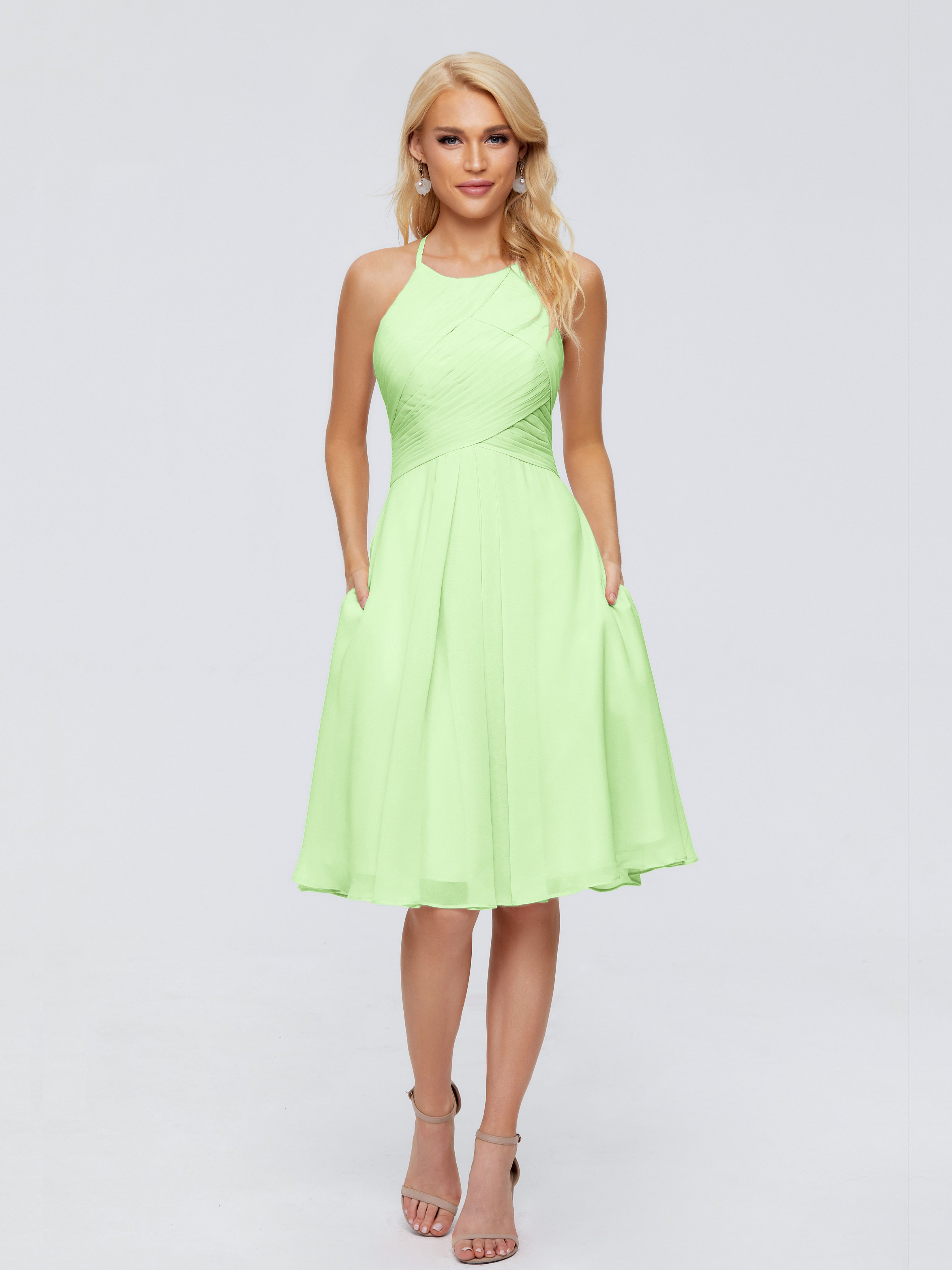 Demoiselle Robe Vert Sauge Licou Longueur Genou Robes Demoiselle D'Honneur