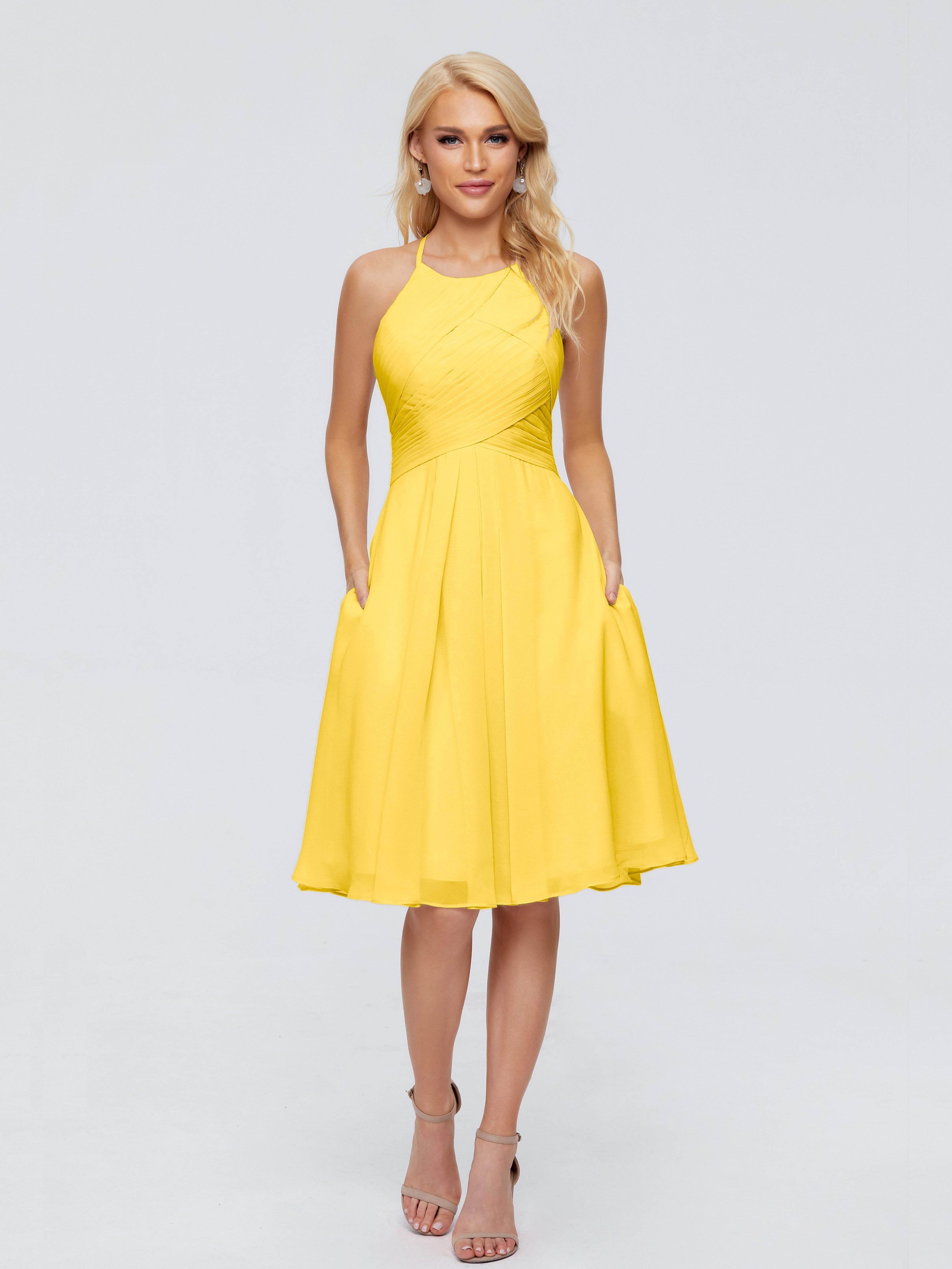 Robe De Demoiselle D'Honneur Souci Licou Longueur Genou Robes Demoiselle D'Honneur