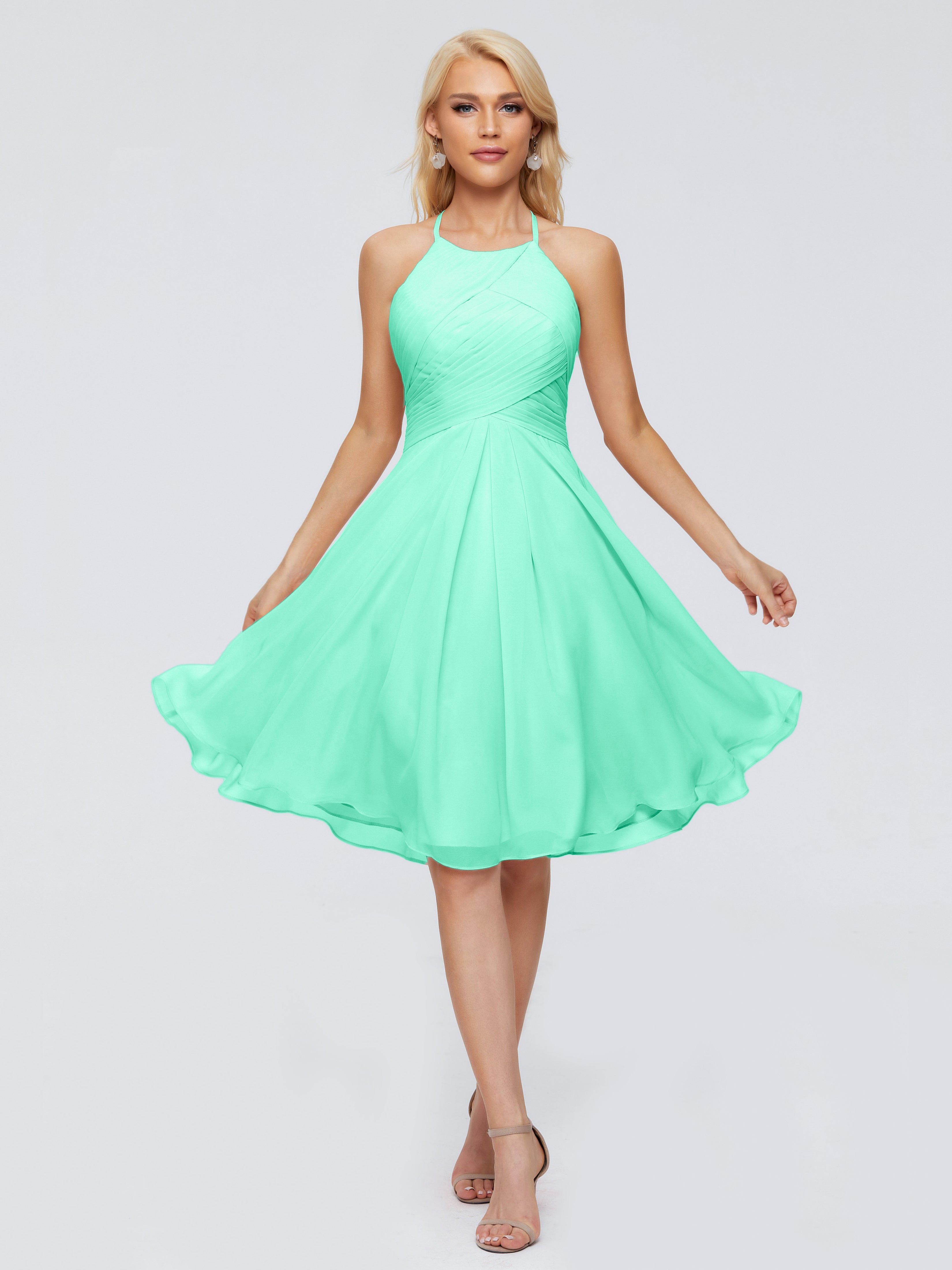 Robe Bleu Turquoise Demoiselle D Honneur Licou Longueur Genou Robes Demoiselle D'Honneur