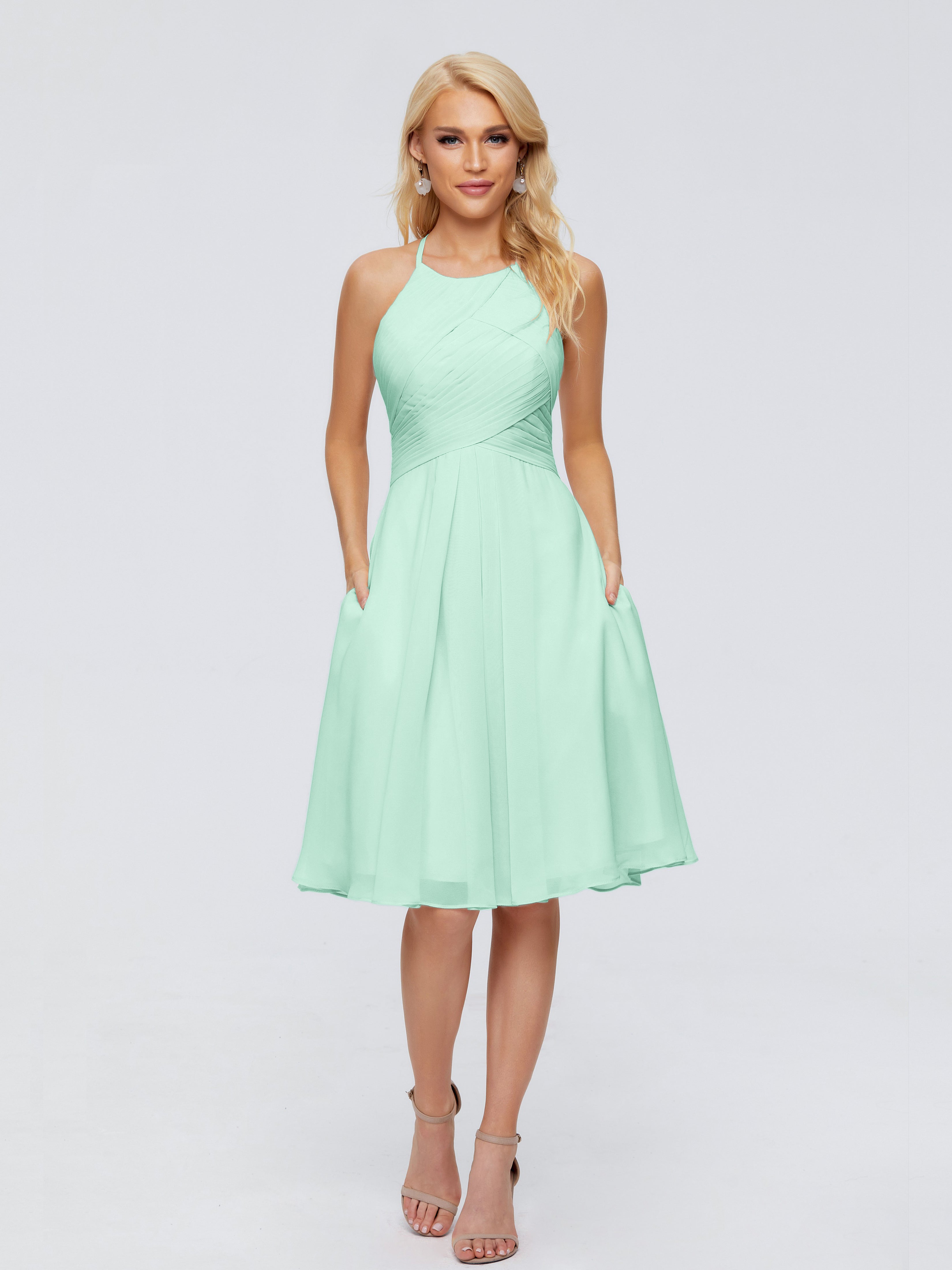 Robes De Demoiselle D'Honneur Vert Menthe Licou Longueur Genou Robes Demoiselle D'Honneur