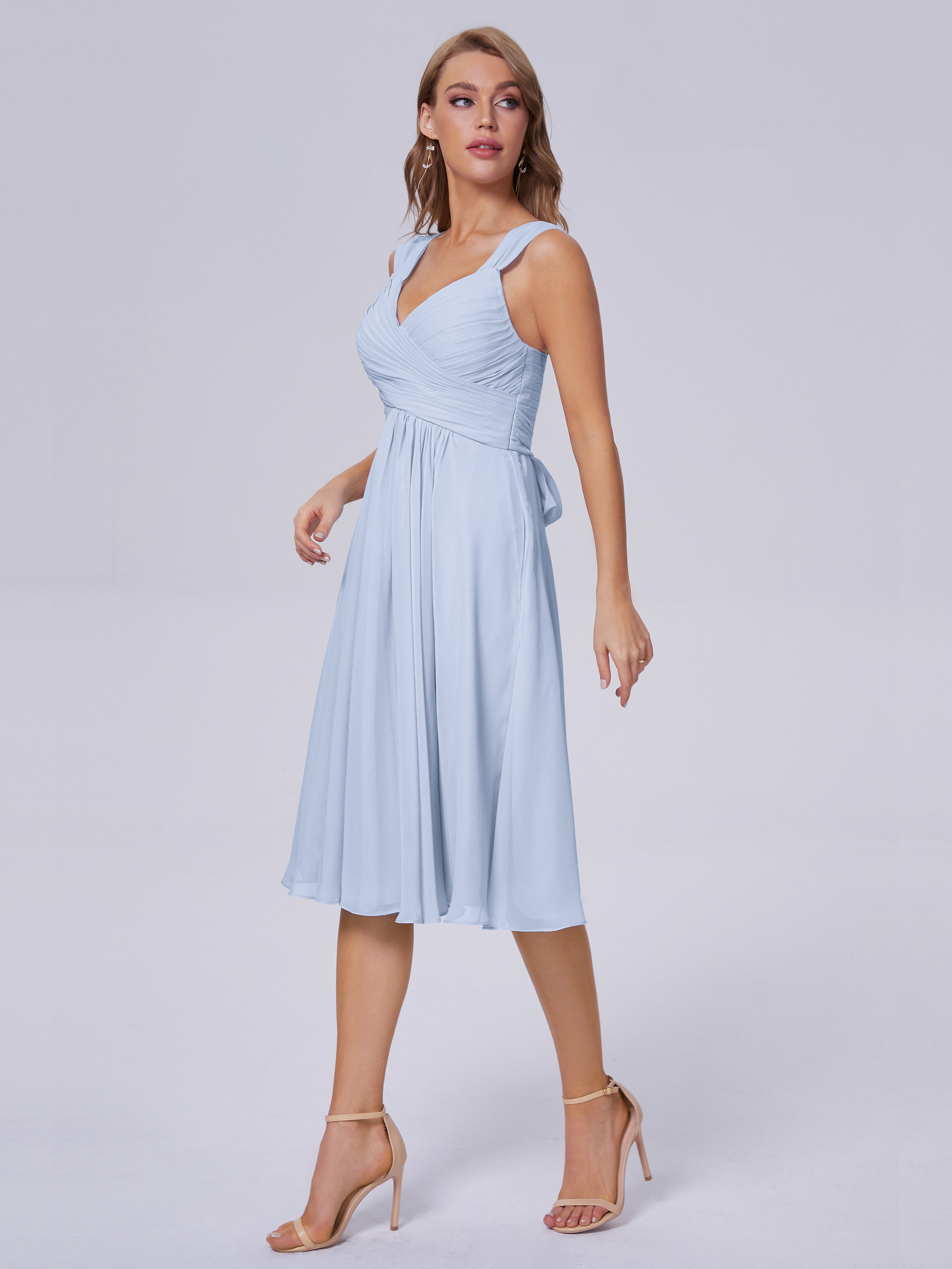 Robe Bleu Ciel Demoiselle D Honneur Abordable Bretelles Courtes Mousseline Robes Demoiselle D'Honneur